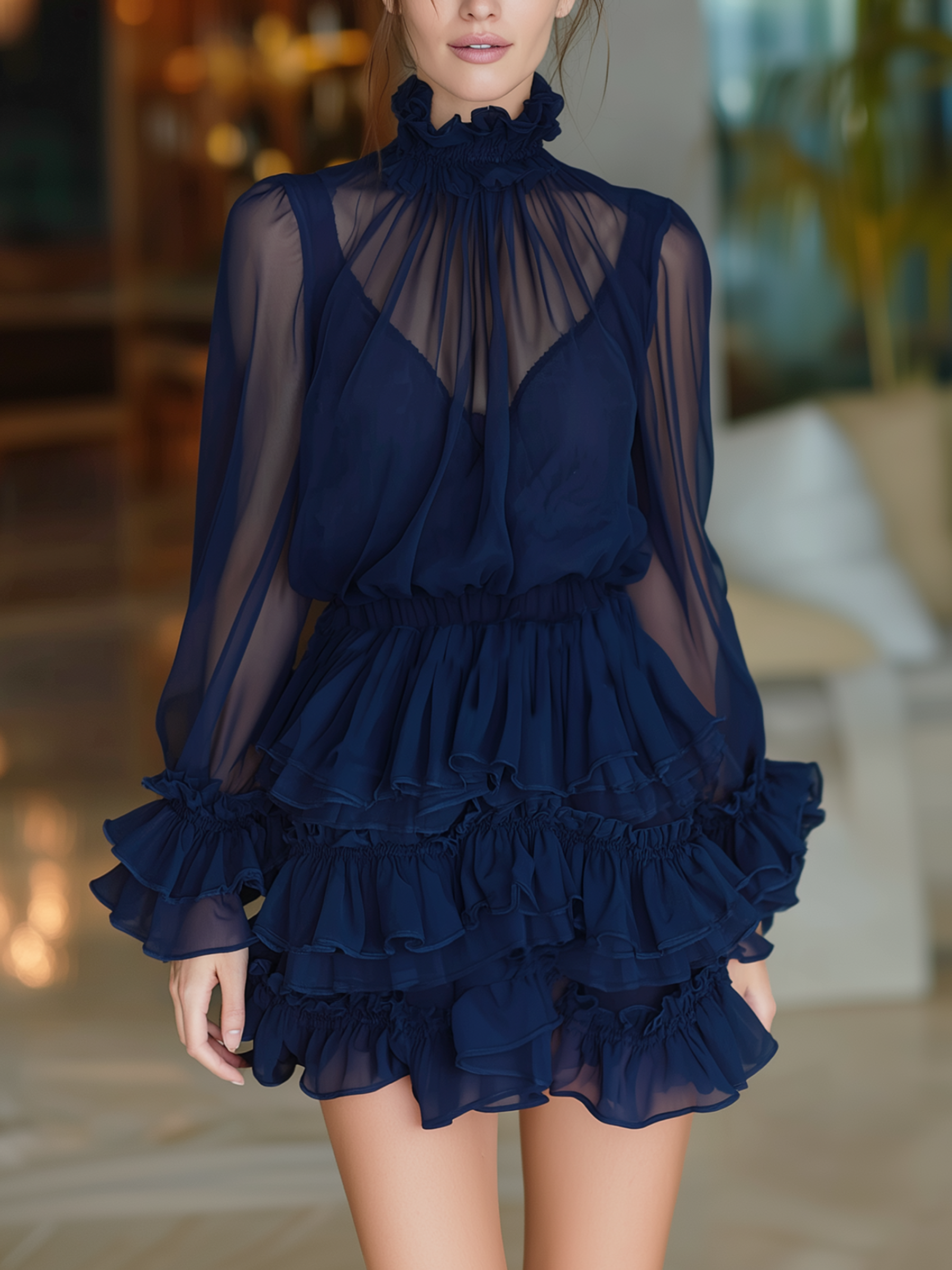 Navy Sheer Ruffled Mock Neck Tiered Mini Dress Long Flounce Sleeve Chiffon Party Cocktail Dress