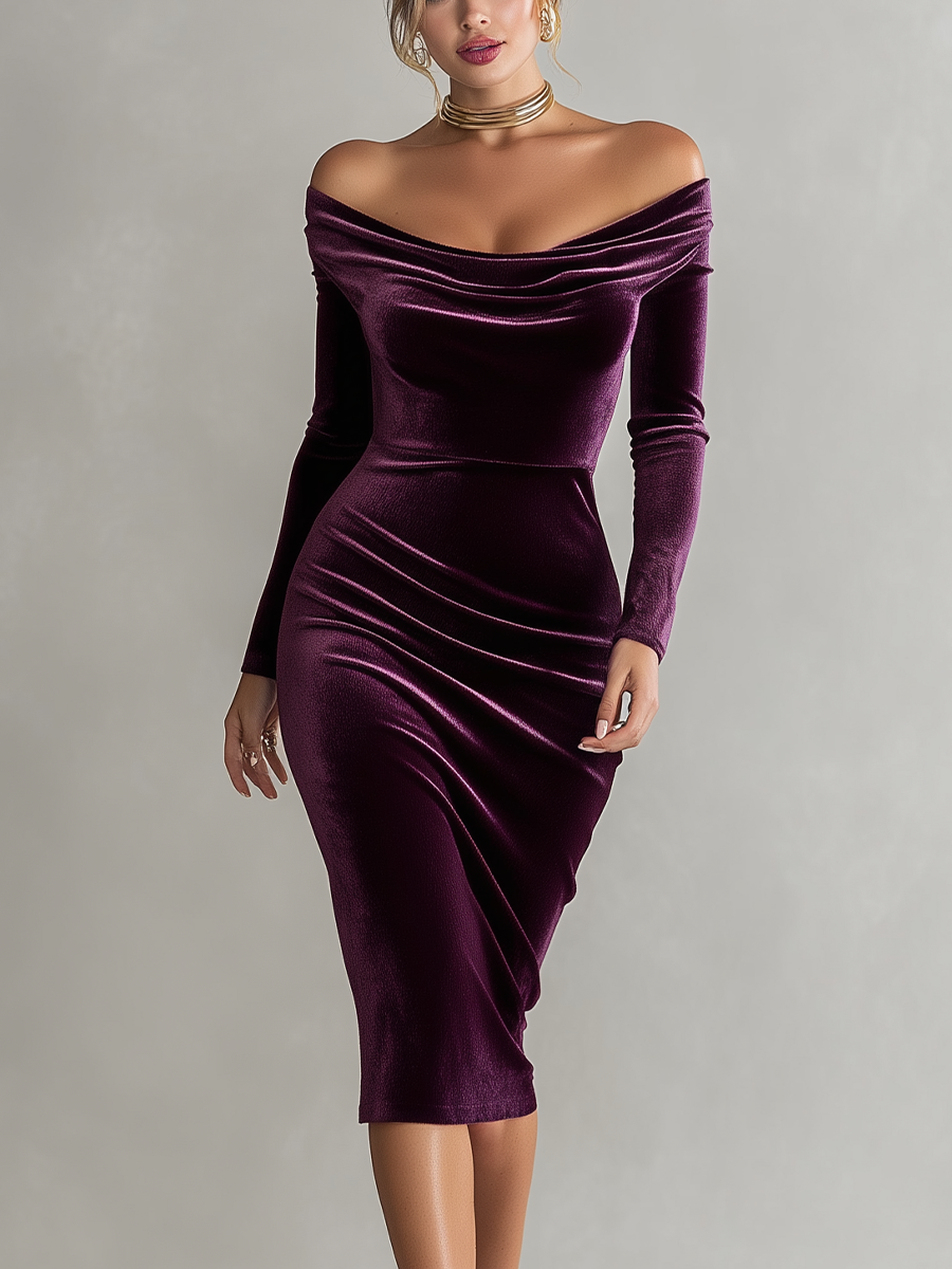 Burgundy Velvet Off-the-Shoulder Midi Dress
