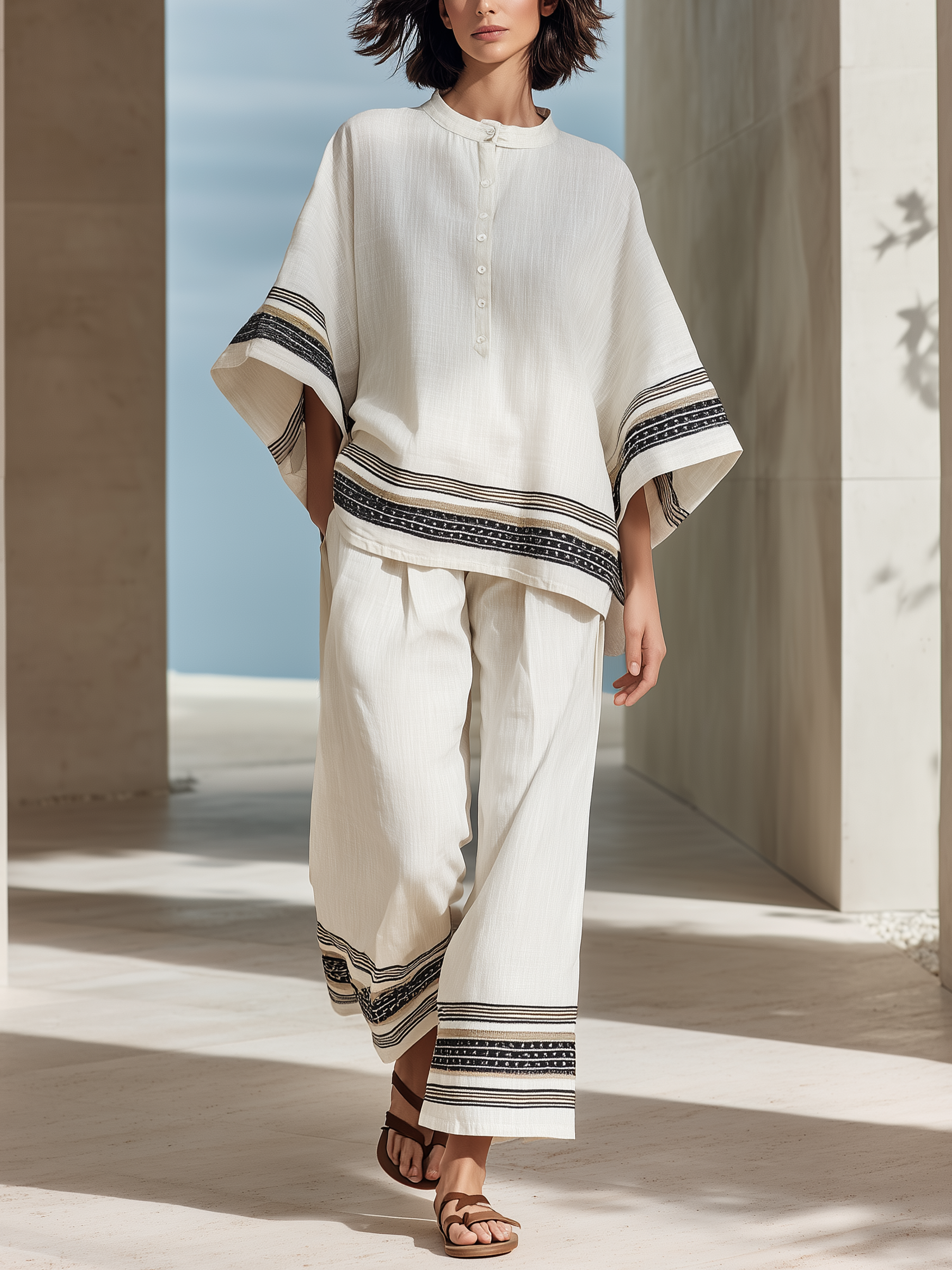 Striped Trim Two-Piece Linen Set