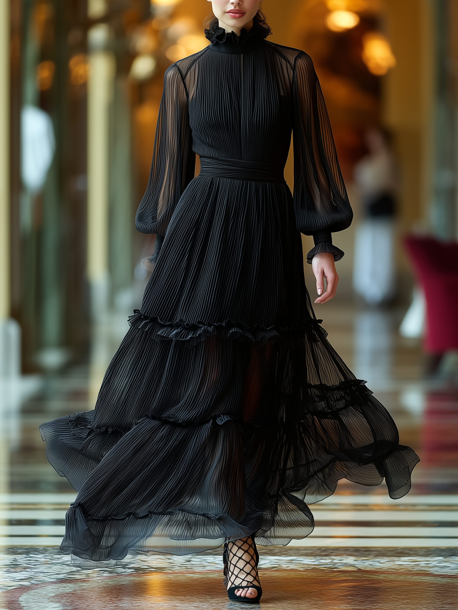 Black Pleated Chiffon Ruffled Maxi Dress With Smocked High Neck