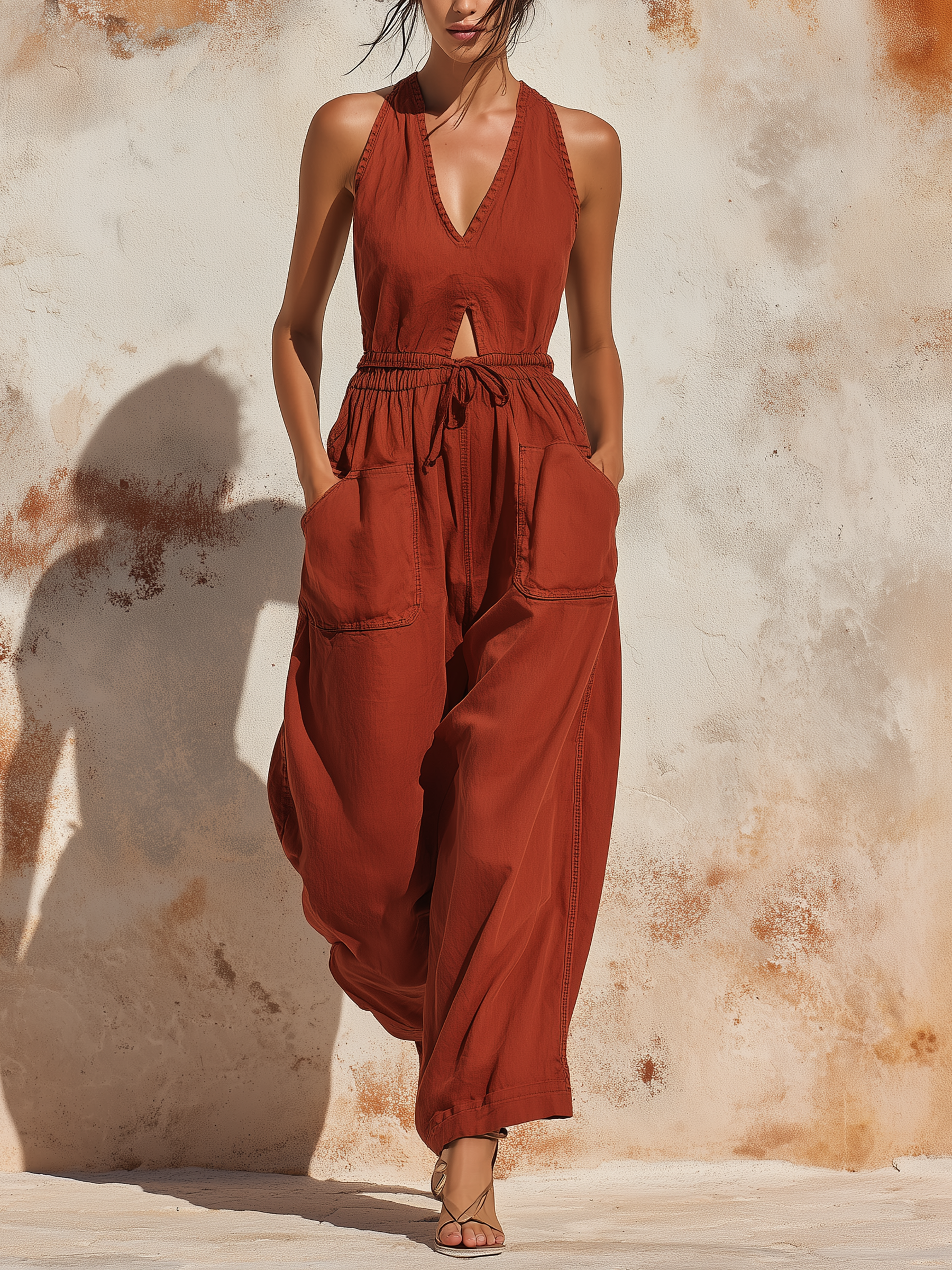 Rust Tencel Denim Halter Wide-Leg Jumpsuit