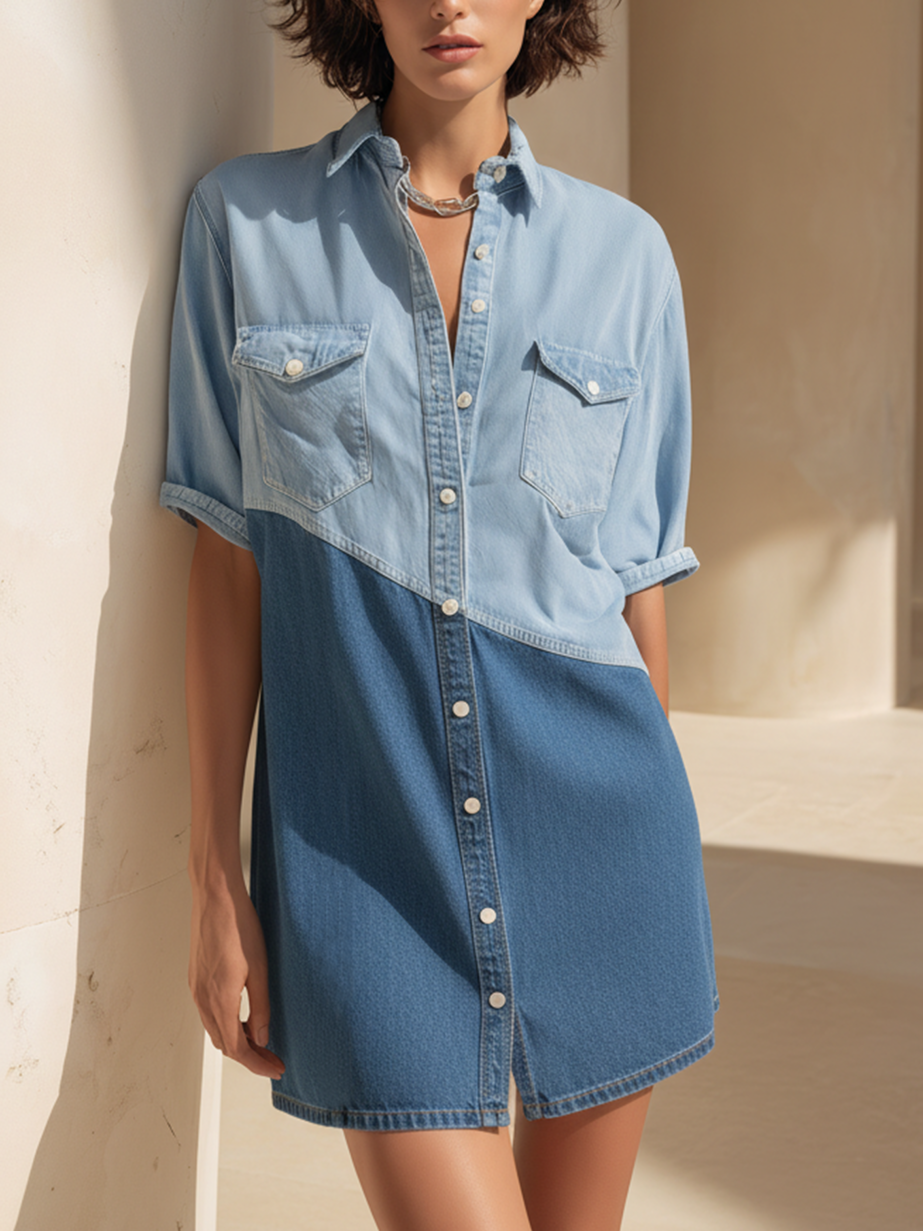 Two-Tone Denim Shirt  Mini Dress