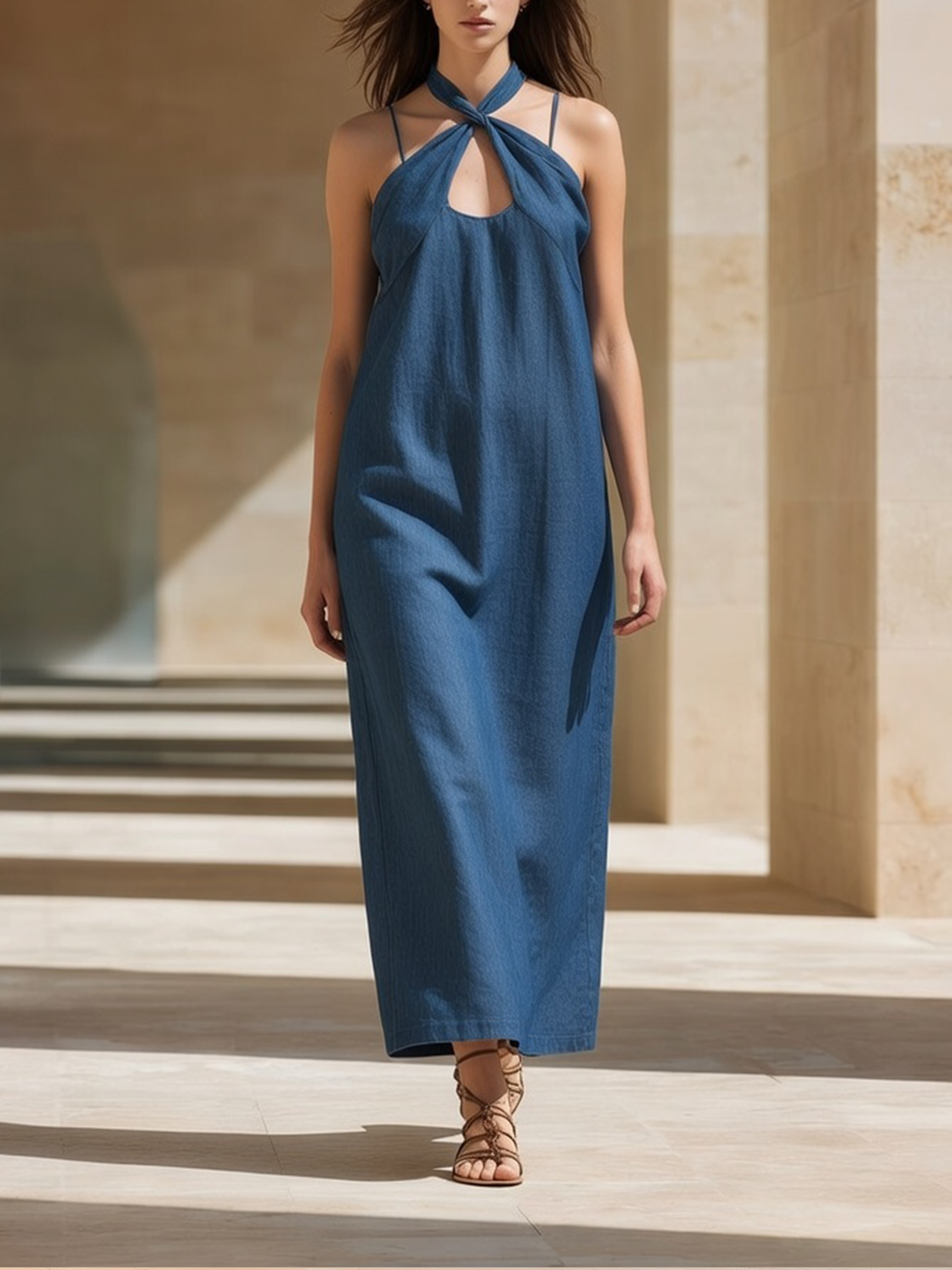 Mid Blue Halter Neck Denim Maxi Dress