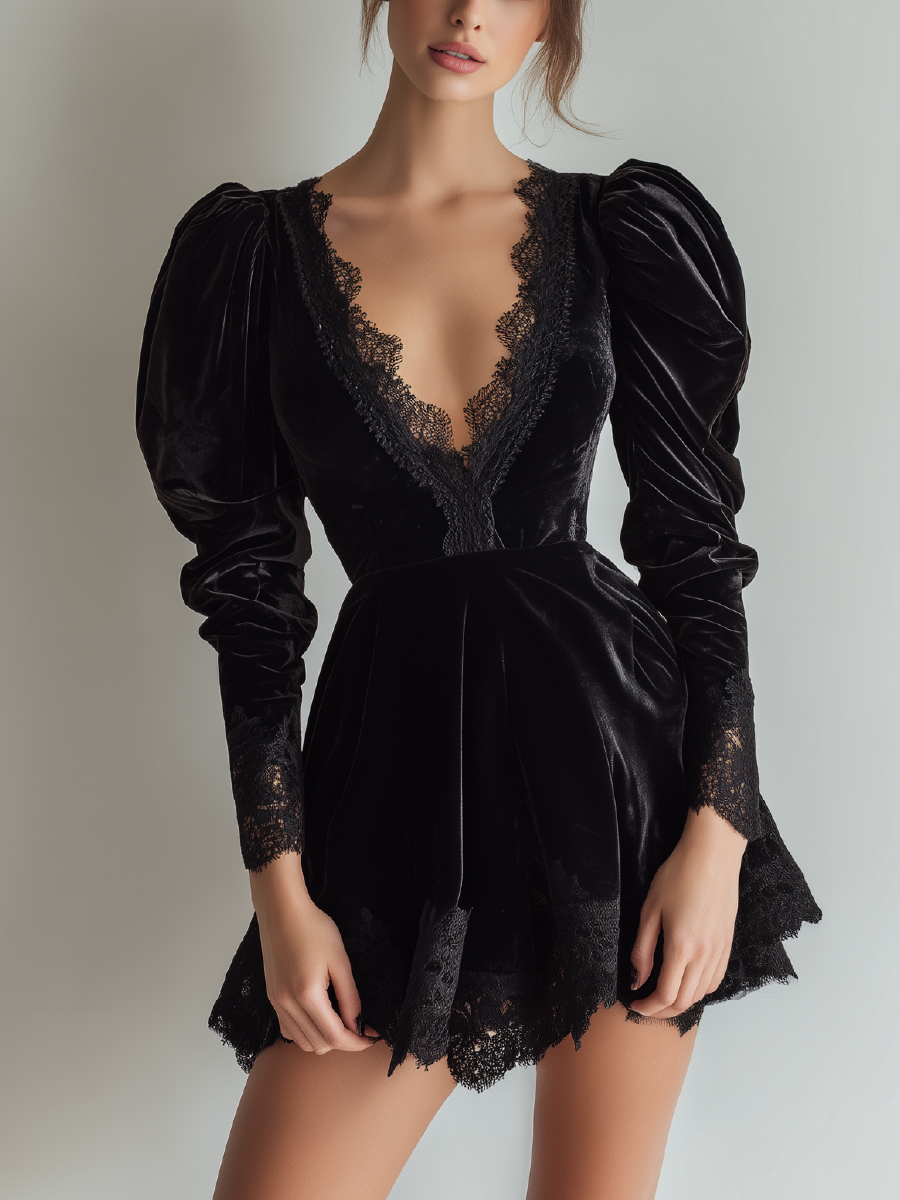 Chic Velvet Lace-Trim Mini Dress For Everyday Elegance