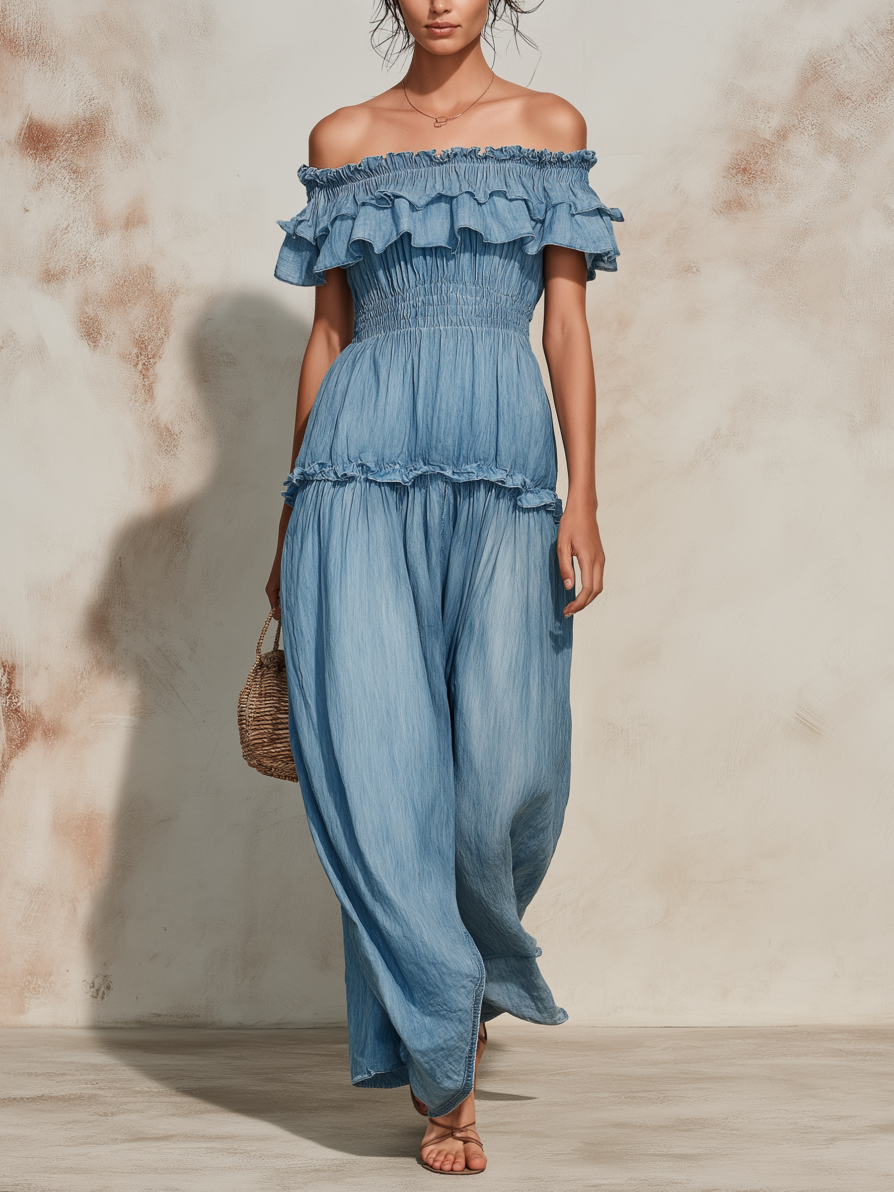 Off-Shoulder Ruffle Tiered Denim Maxi Dress