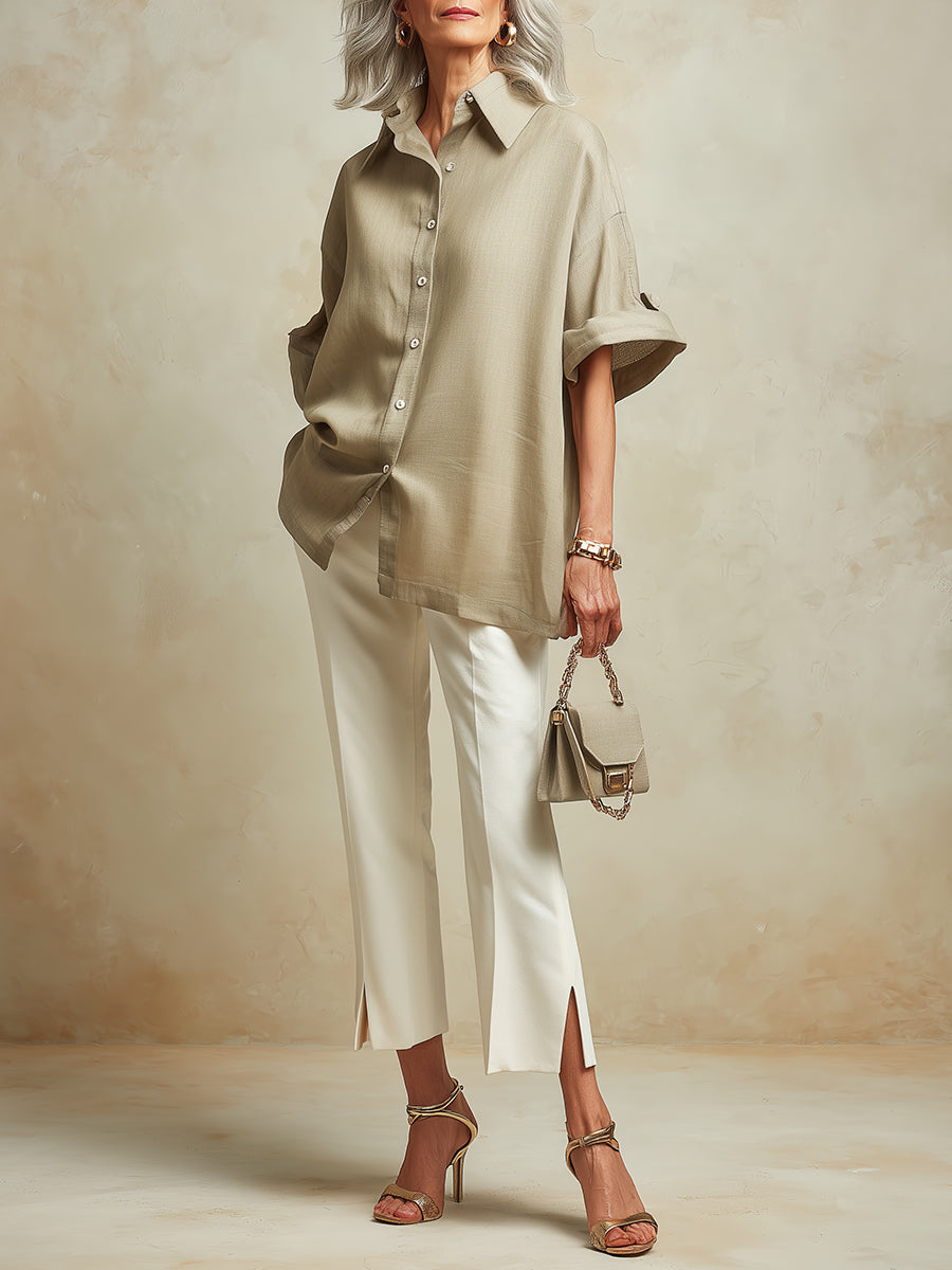 Chic Cotton And Linen Blouse & Slit Cropped Pants Set