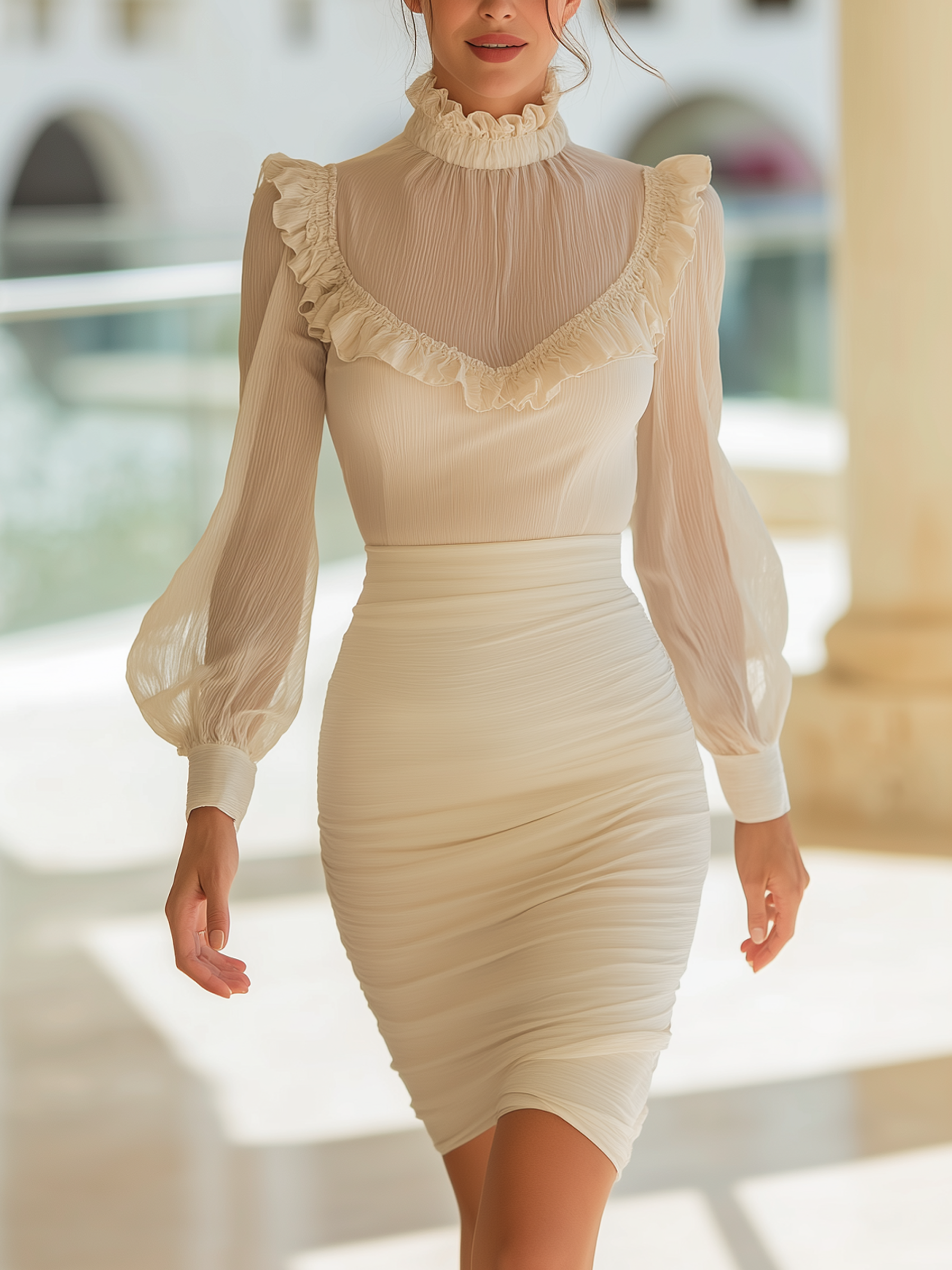 Elegant Ruffle High-Neck Sheer Sleeve Ruched Mini Dress