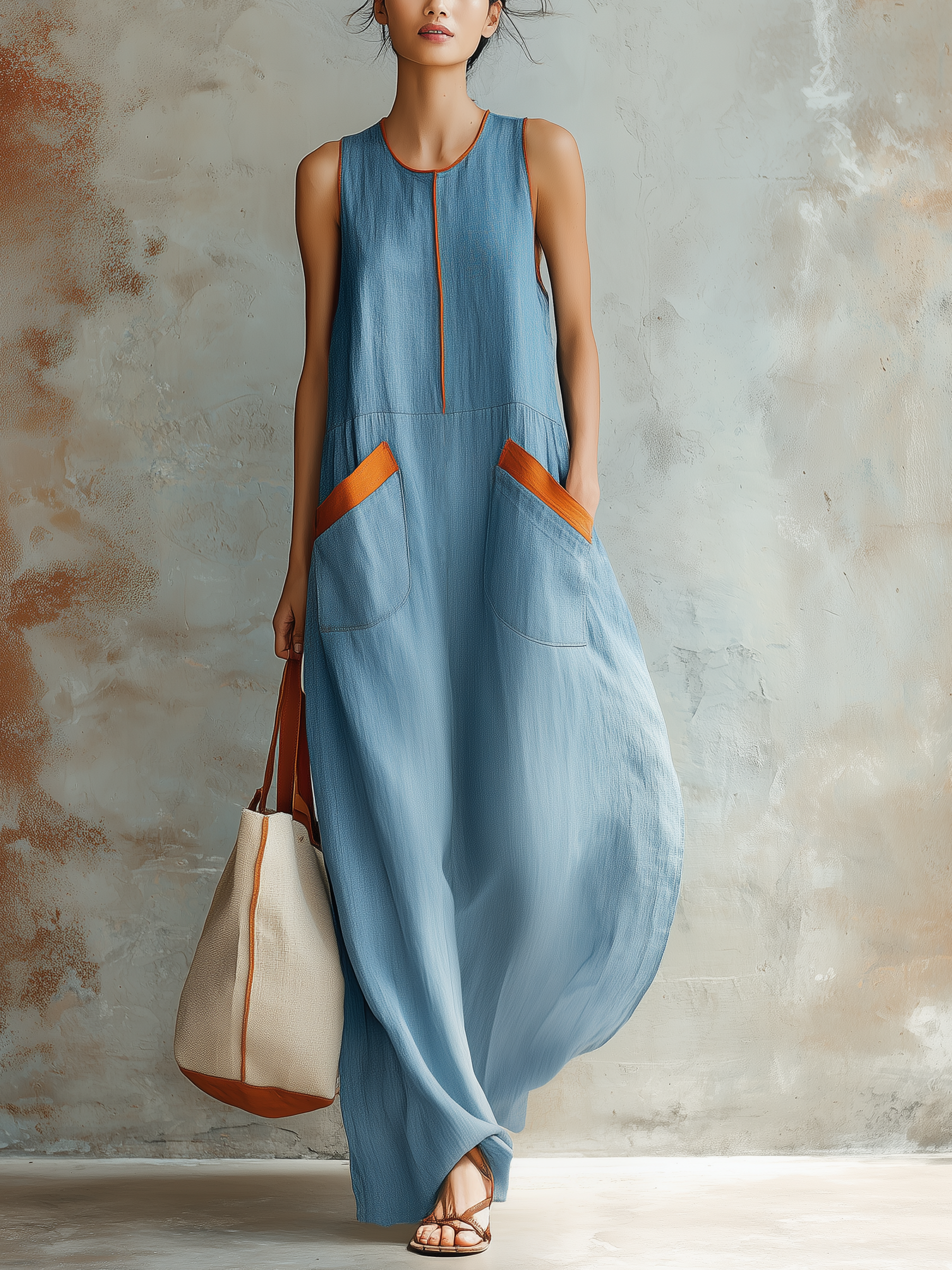 Sleeveless Contrast Trim Denim Maxi Dress