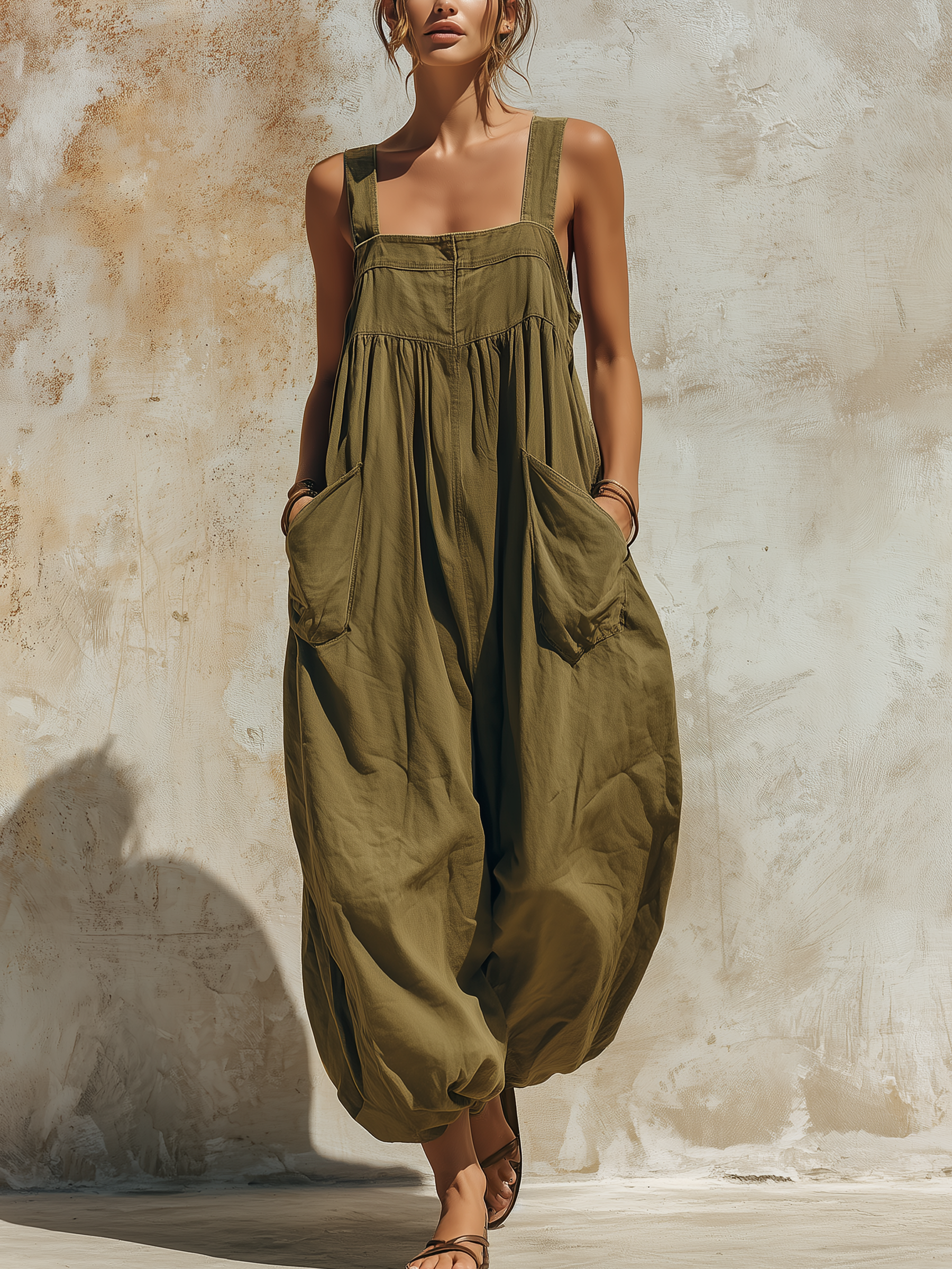 Olive Washed Denim Loose Jumpsuit