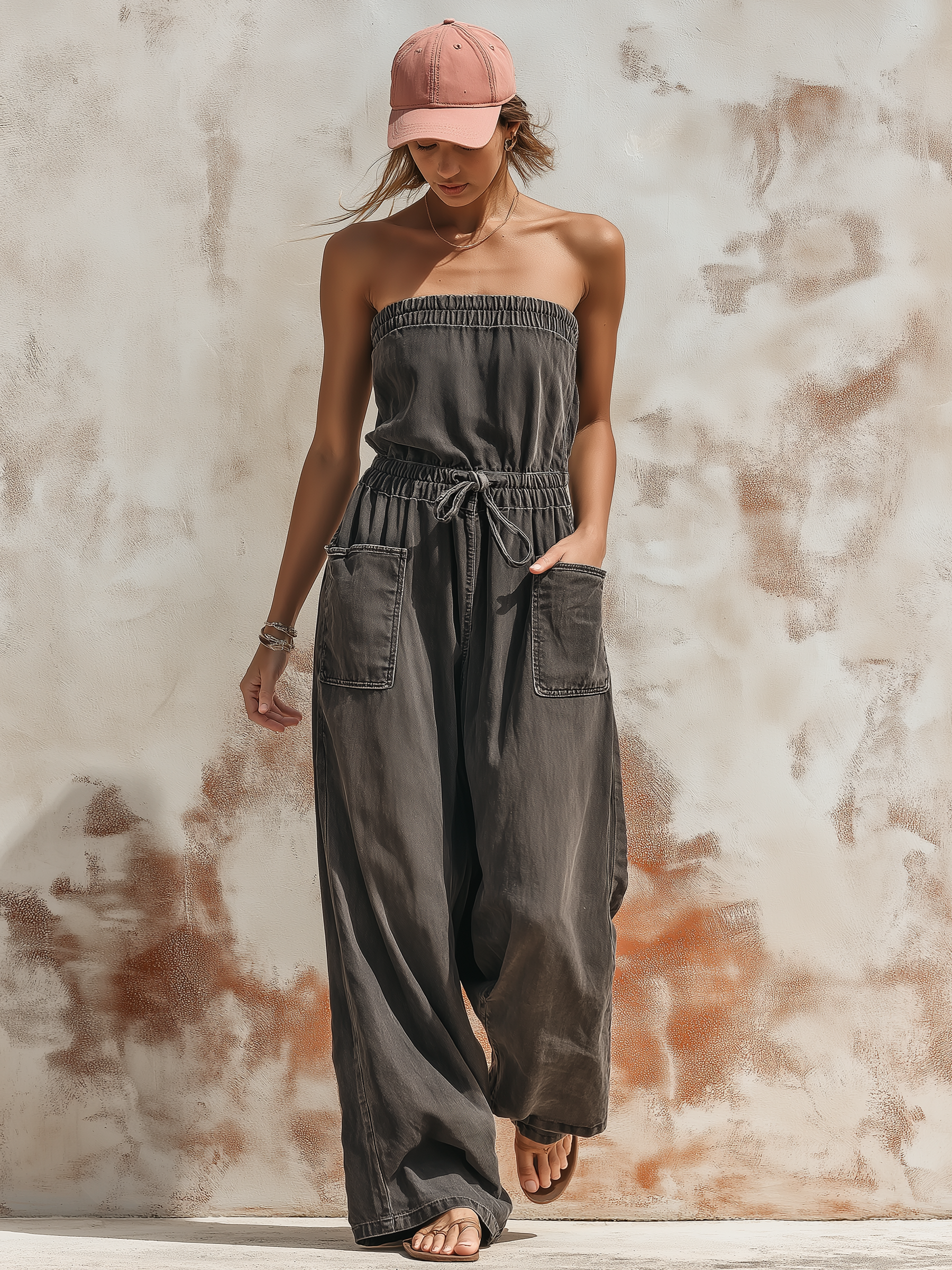Strapless Drawstring Waist Utility Denim Jumpsuit