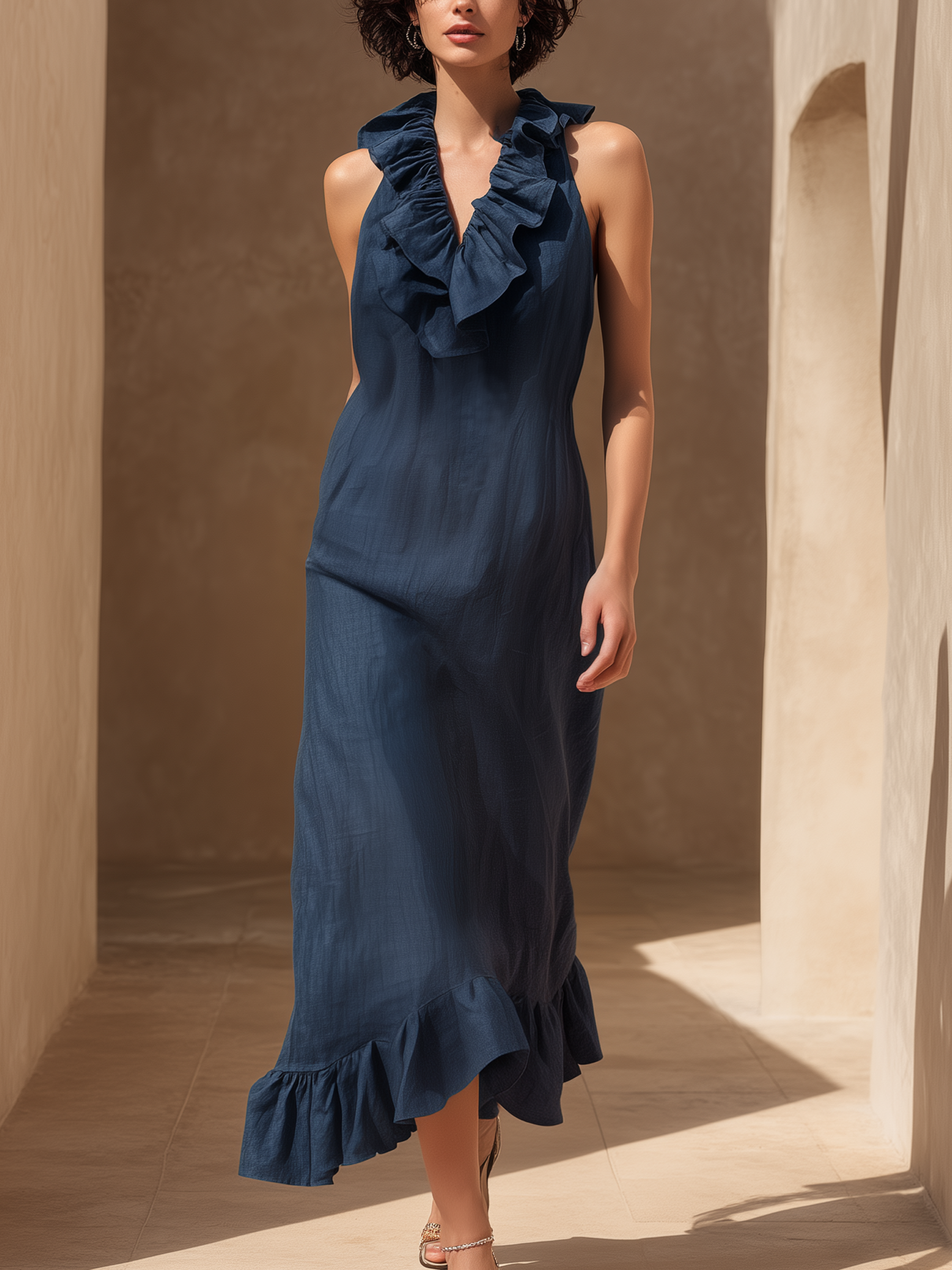 Dark Wash Denim Halter Maxi Dress With Ruffle Trim