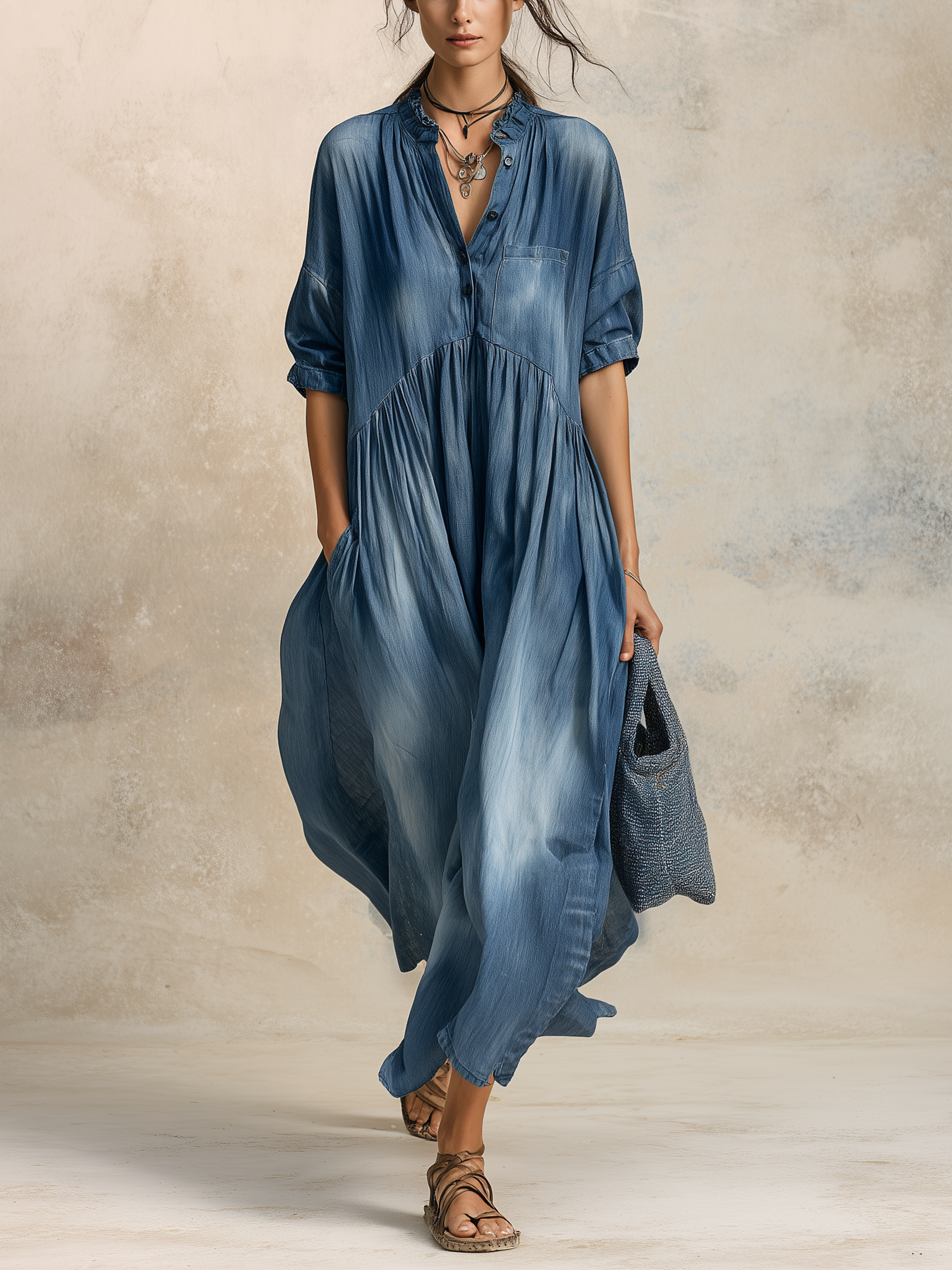 Ruffle Collar Gathered Denim Maxi Dress