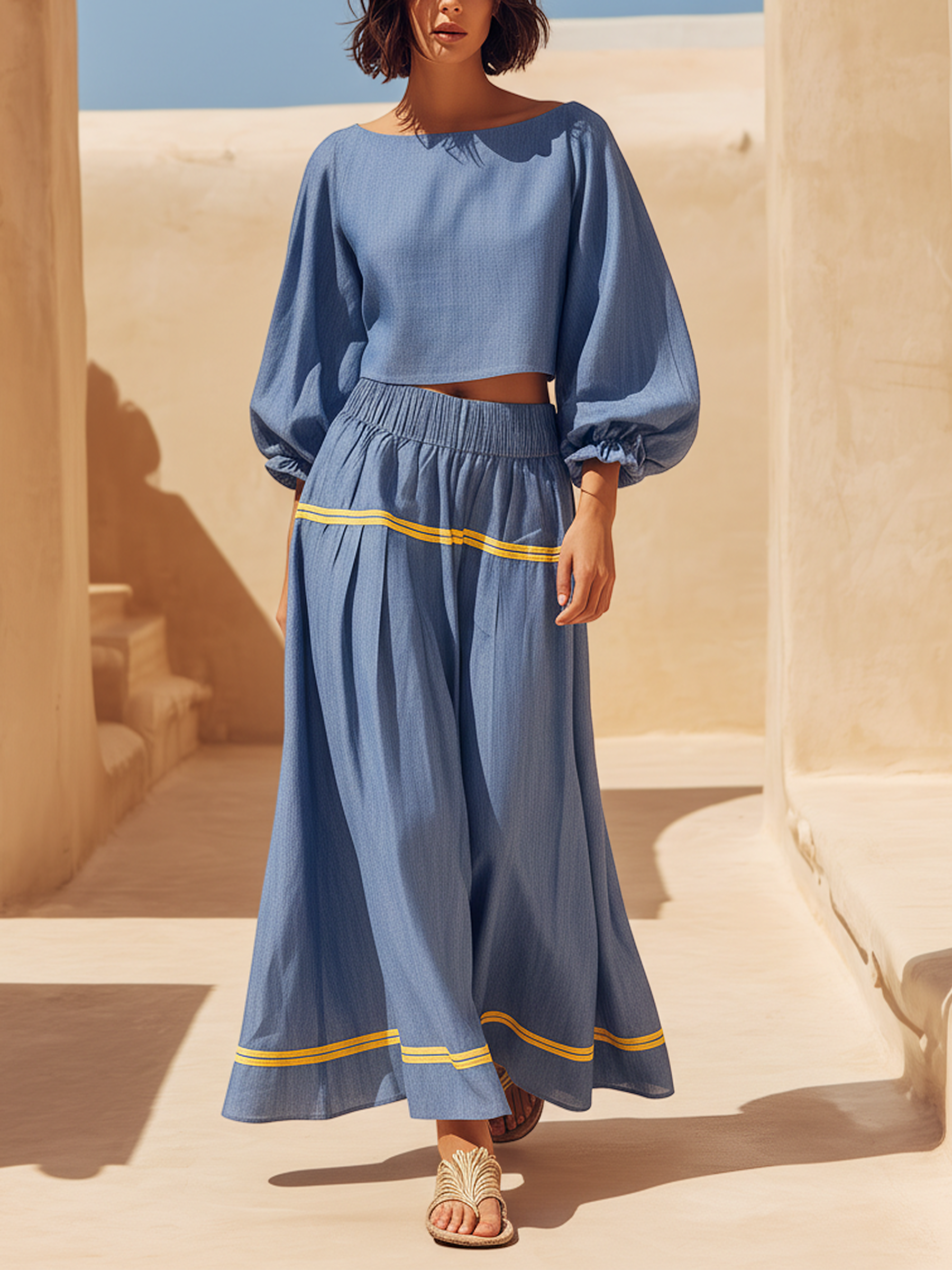 Puff Sleeve Crop Top & Yellow Stripe Maxi Skirt Tencel Blend Two-Piece Set