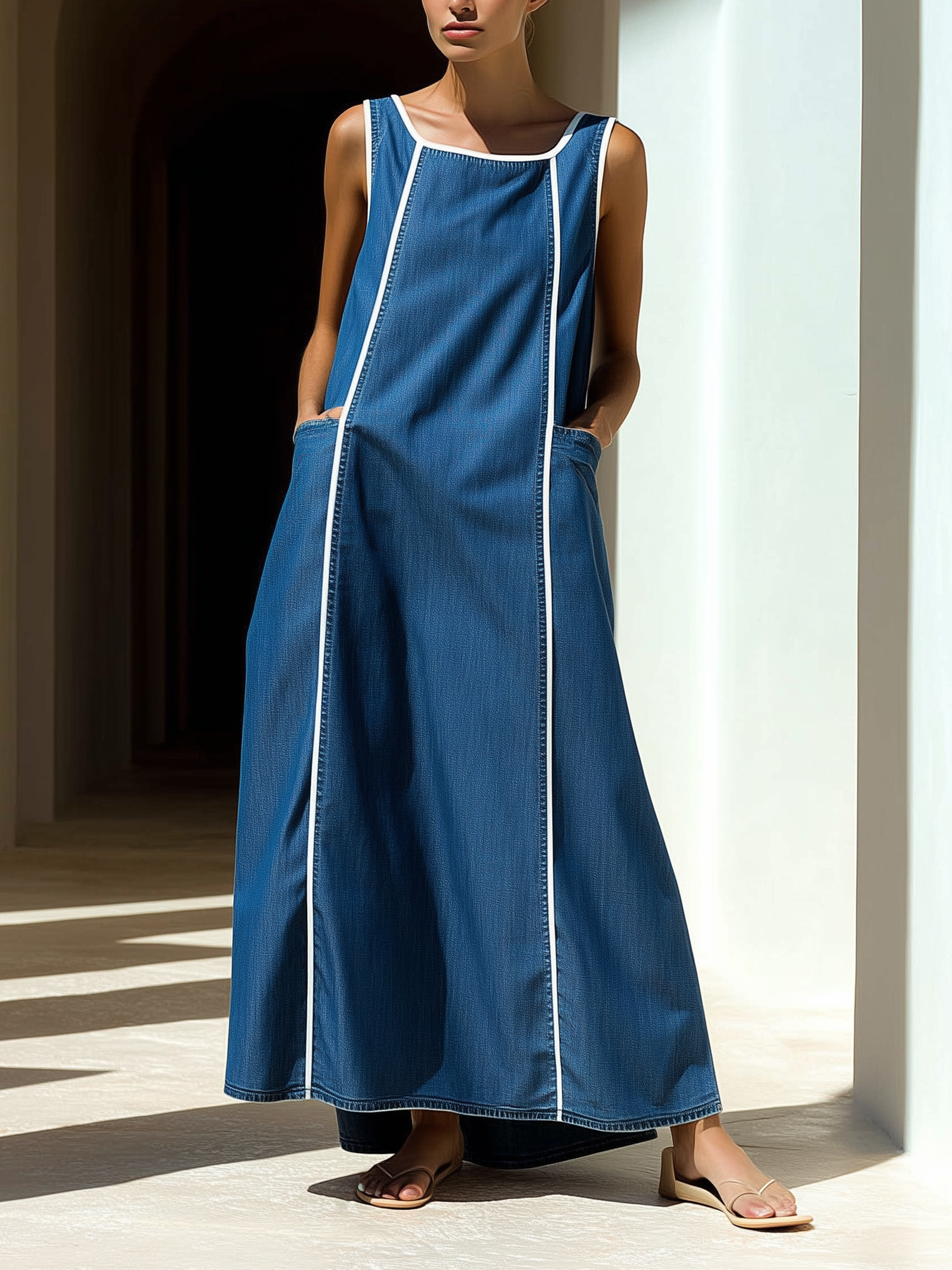 Mid Blue Contrast Trim Denim Maxi Dress