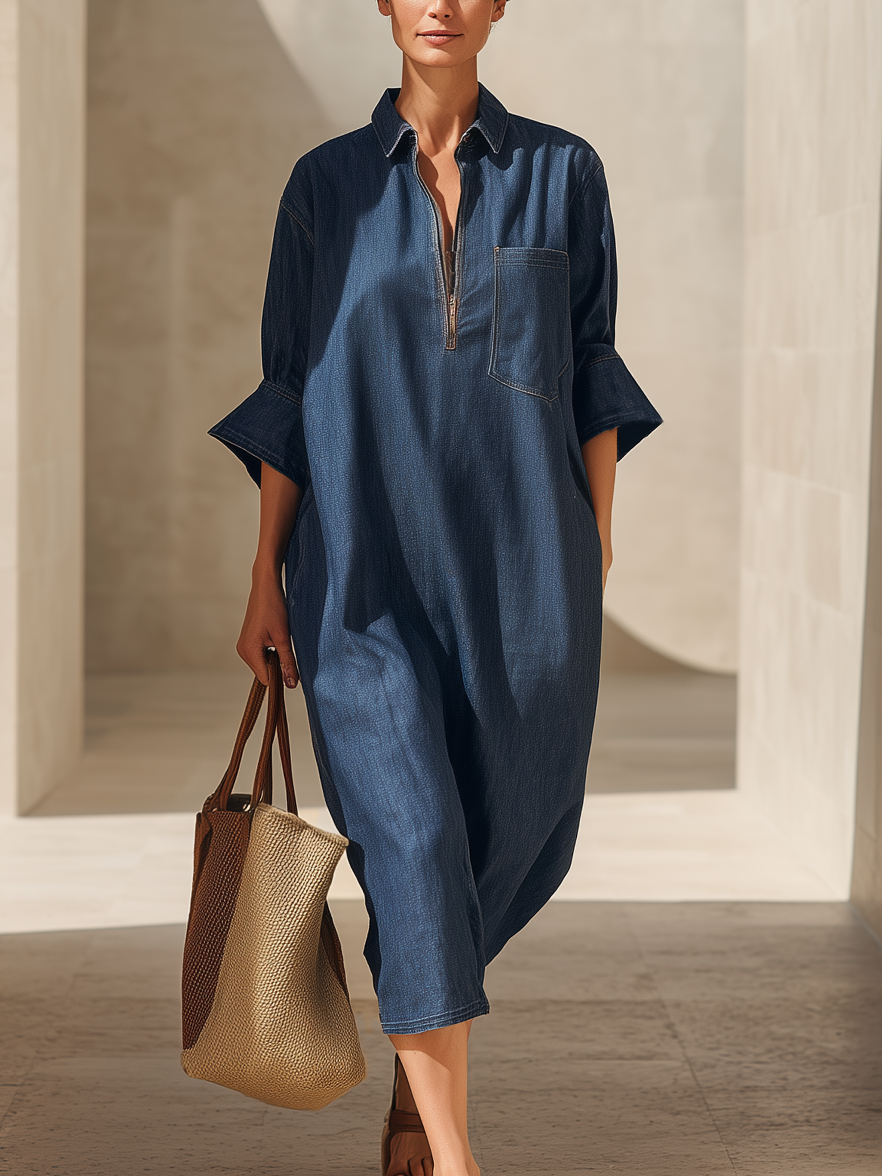 Navy Blue Tencel Denim Oversized Half-Zip Midi Dress