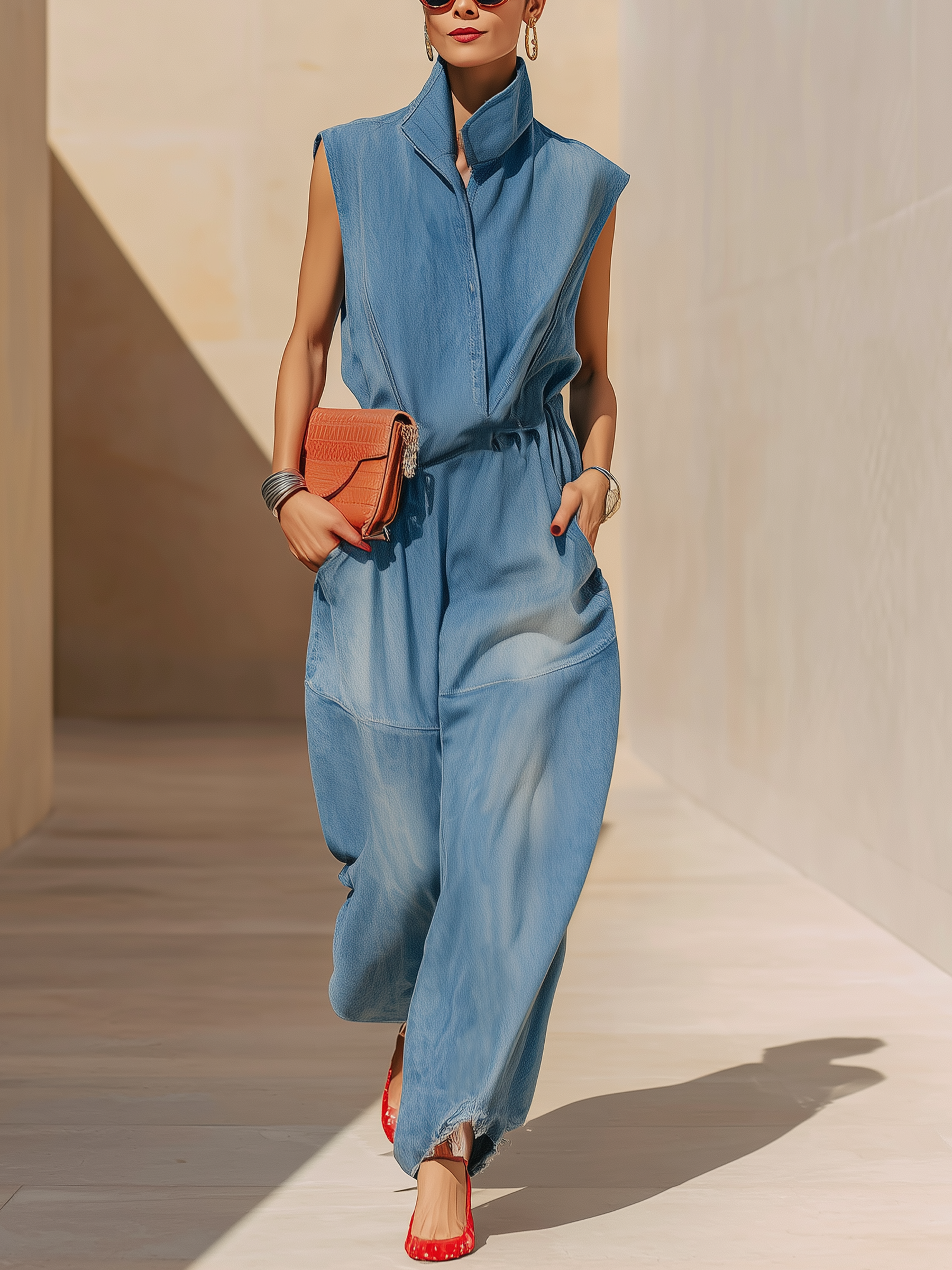 Sleeveless Stand Collar Denim Jumpsuit – Frayed Hem & Gathered Waist