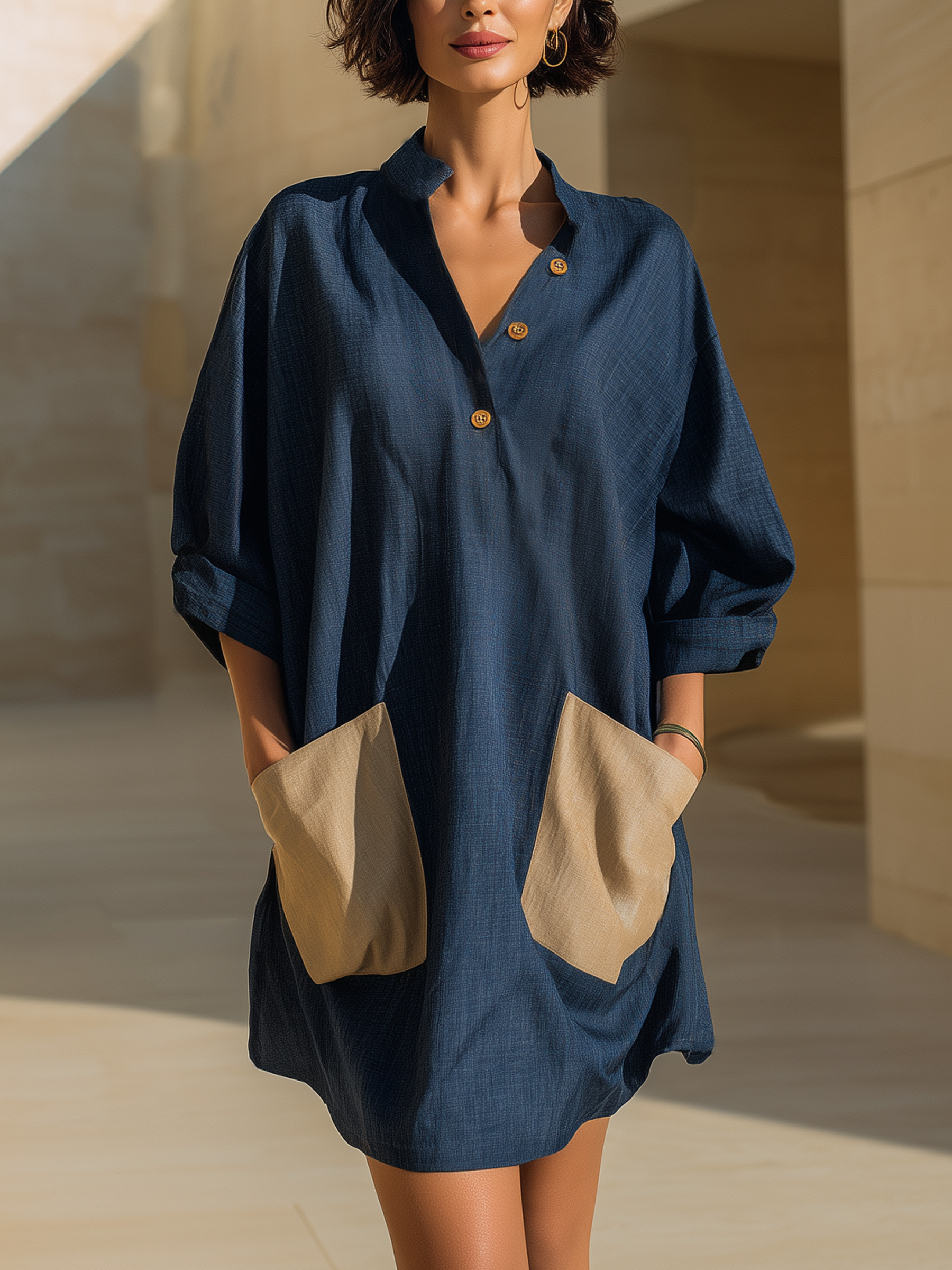 Oversized Contrast Pocket Tencel Blend Shirt  Mini Dress