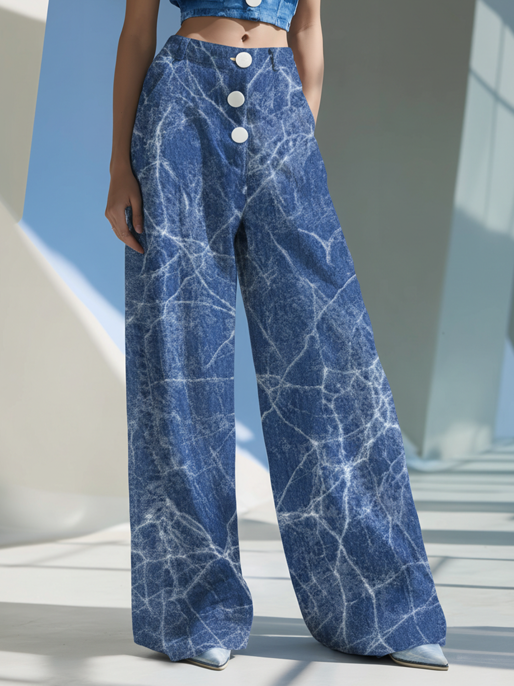 Marble Print High-Waisted Wide-Leg Jeans | Statement Denim Trousers