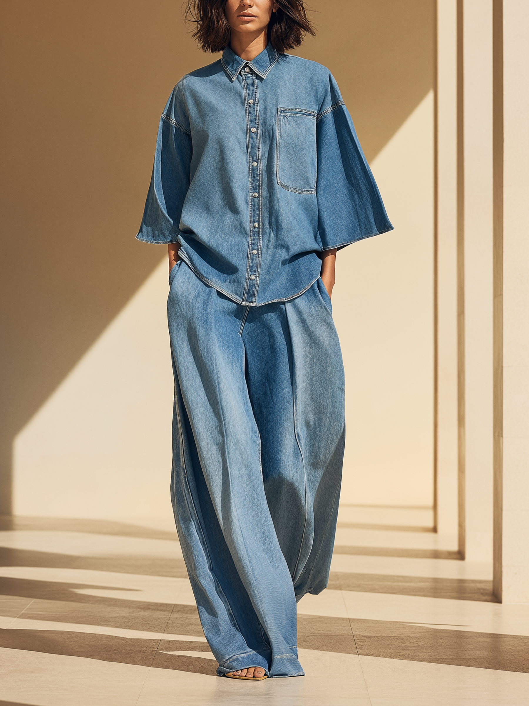 Coastal Breeze Light Wash Denim Effortless Wide-Leg Set