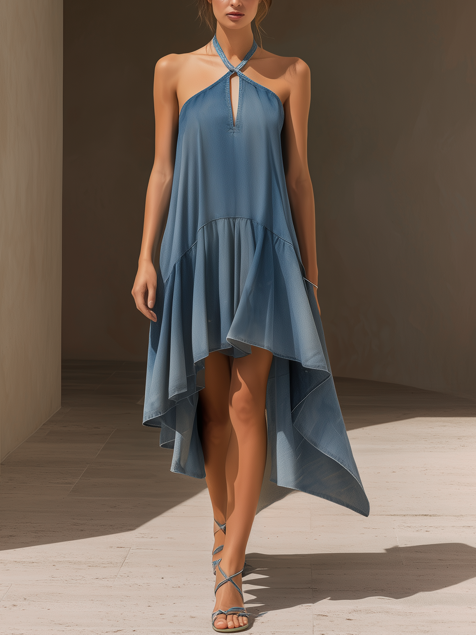 Halter Neck Asymmetrical Ruffled Denim Dress