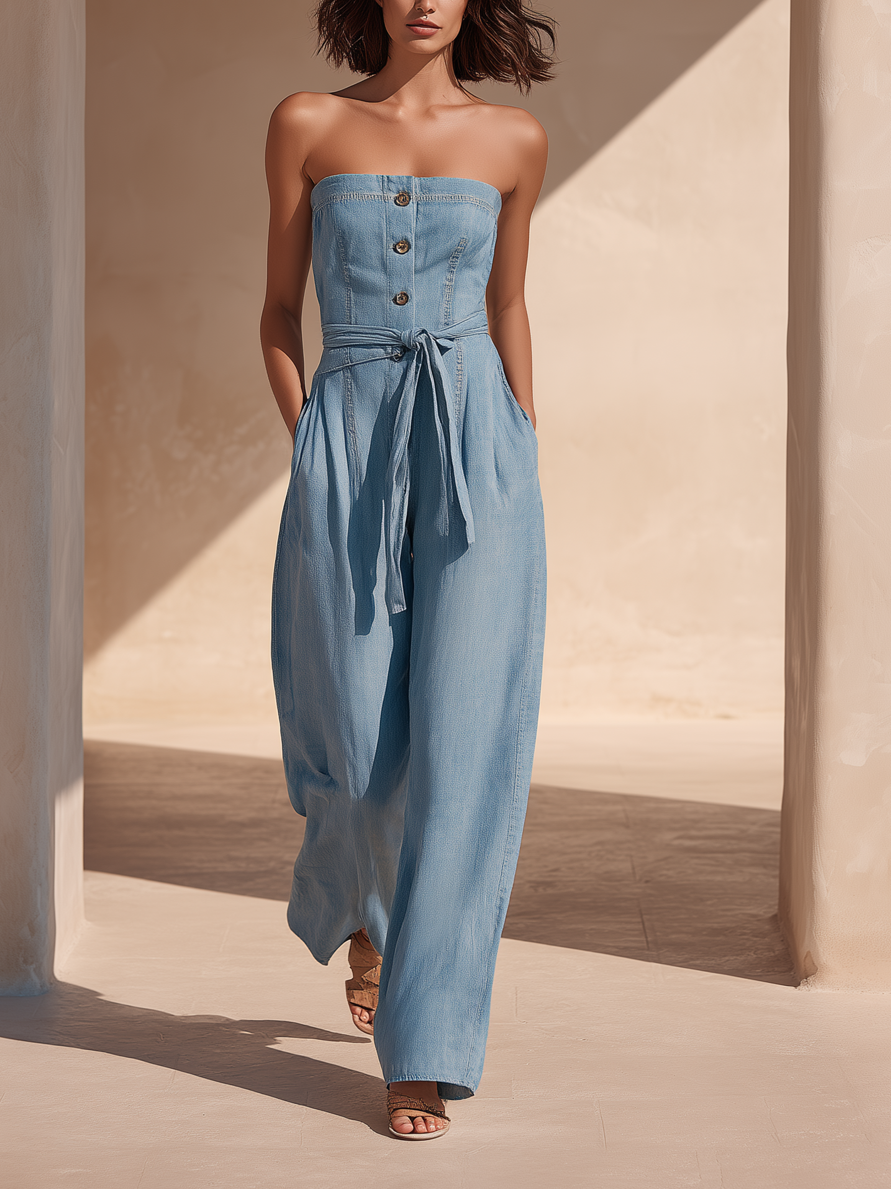 Light Wash Denim Strapless Wide-Leg Jumpsuit With Self-Tie Waist