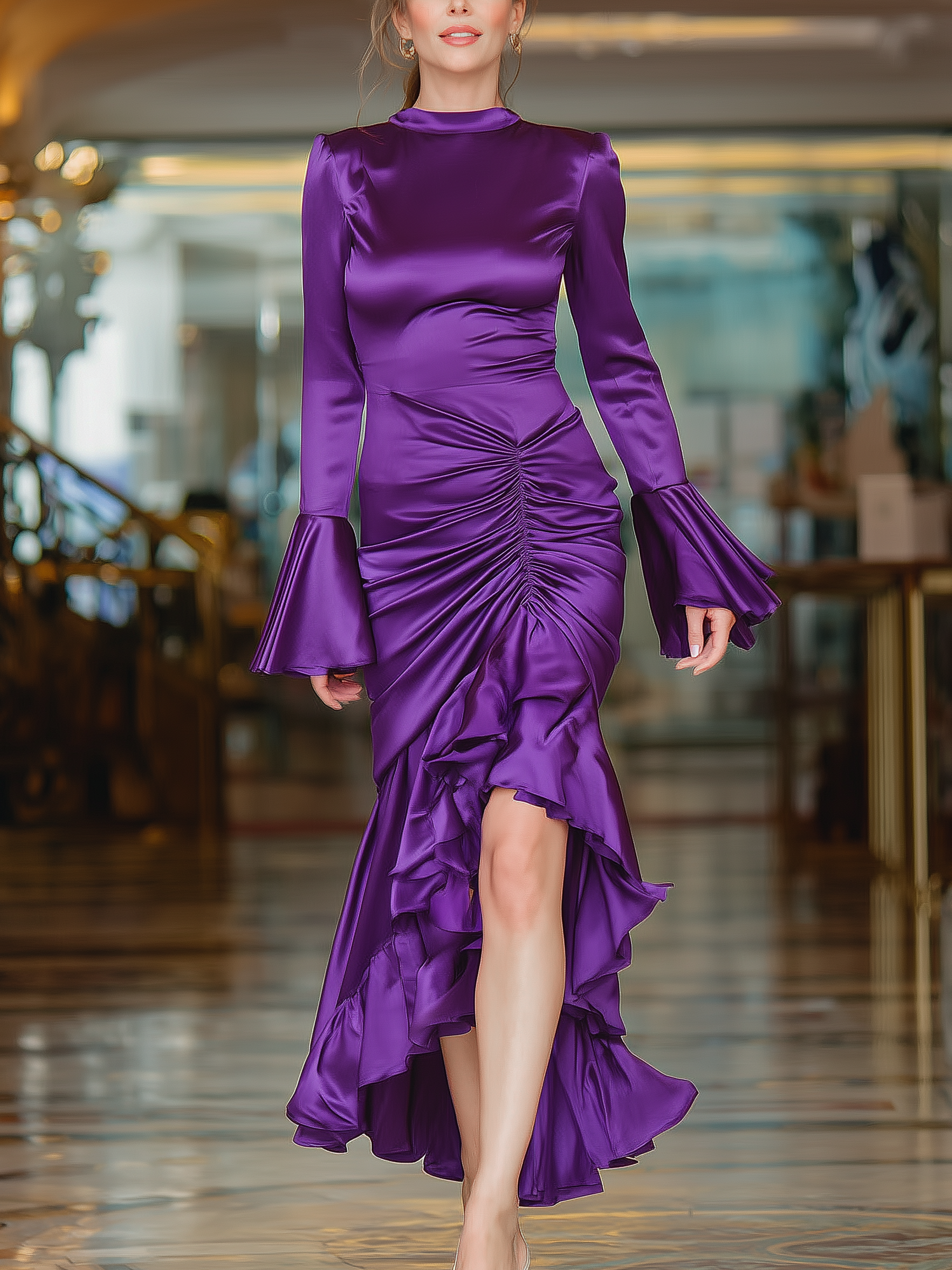 Lustrous Deep Purple Satin Long-Sleeve Ruched Mermaid Maxi Dress | Elegant Formal Evening Gown With Flared Bell Cuffs & Asymmetrical Ruffled Slit Hem
