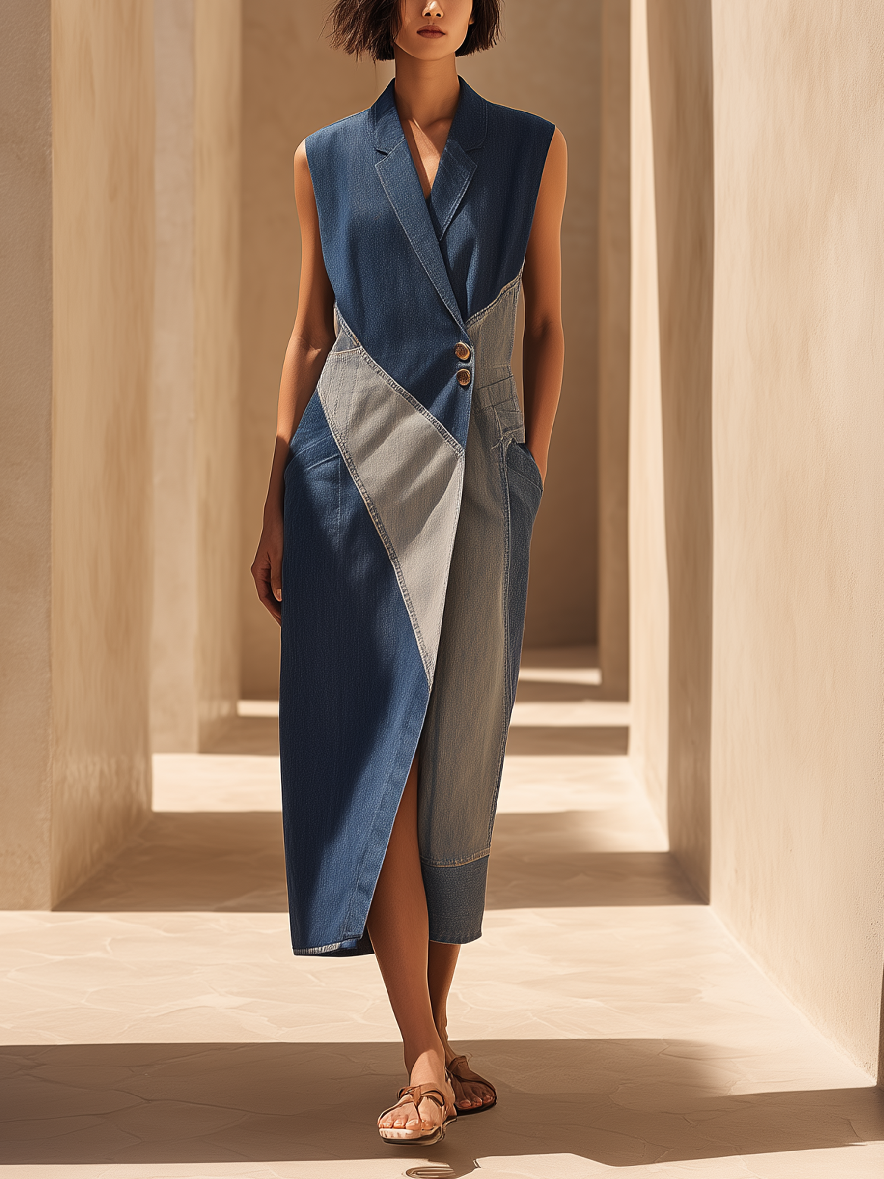 Asymmetrical Patchwork Blazer Midi Dress