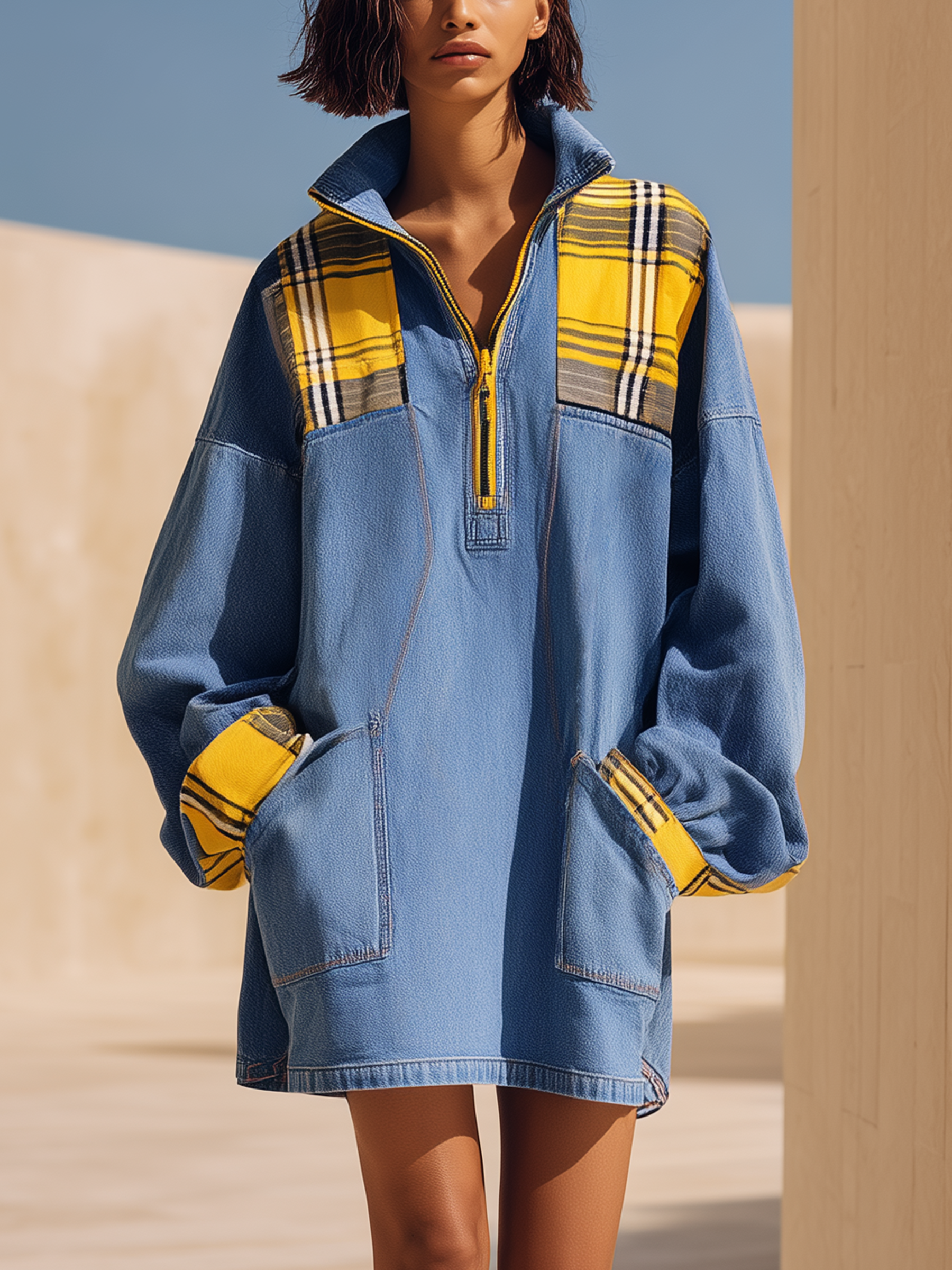 Mid Blue Plaid-Paneled Half-Zip Denim Mini Dress