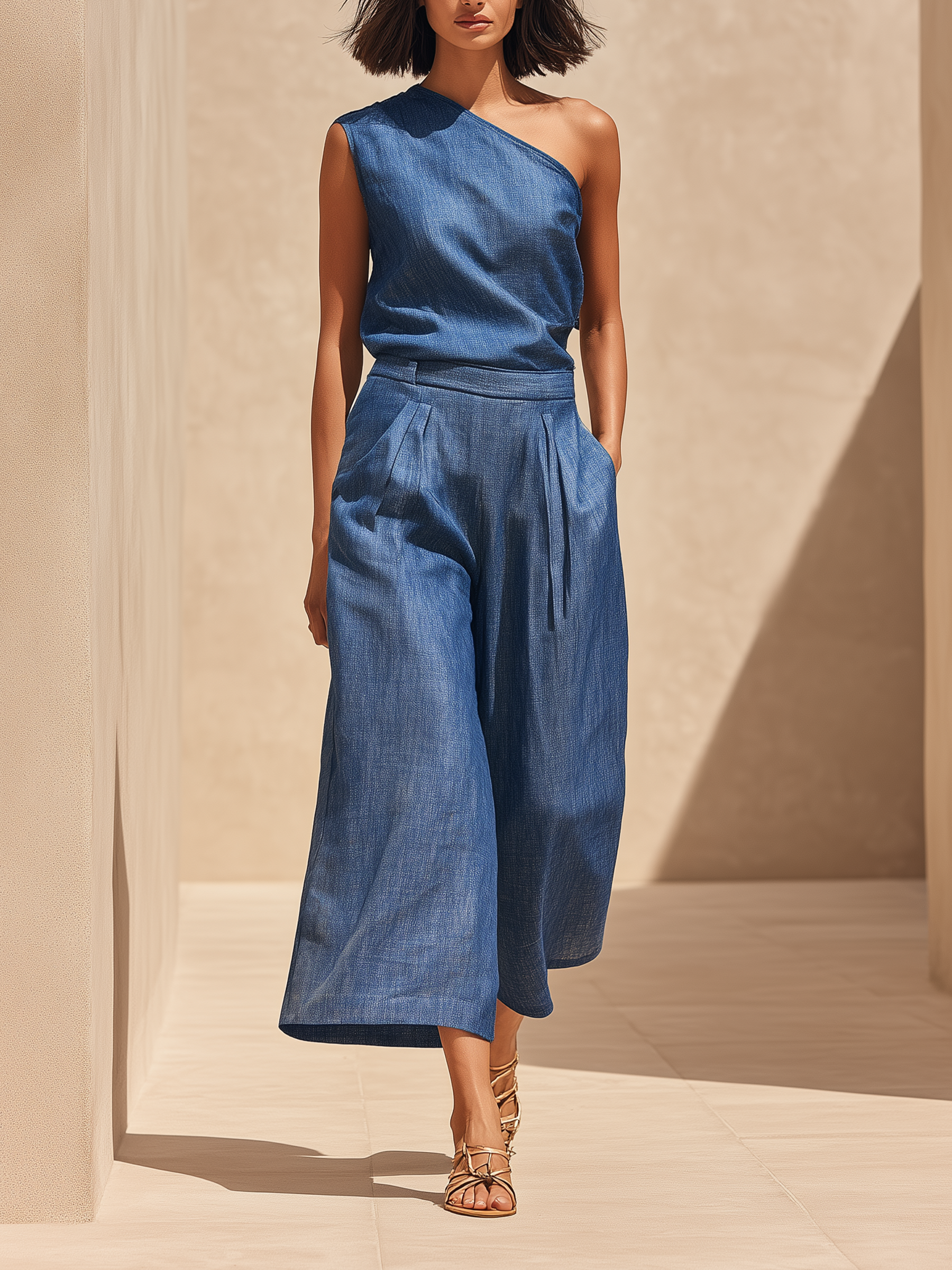 One-Shoulder Denim Culotte Jumpsuit