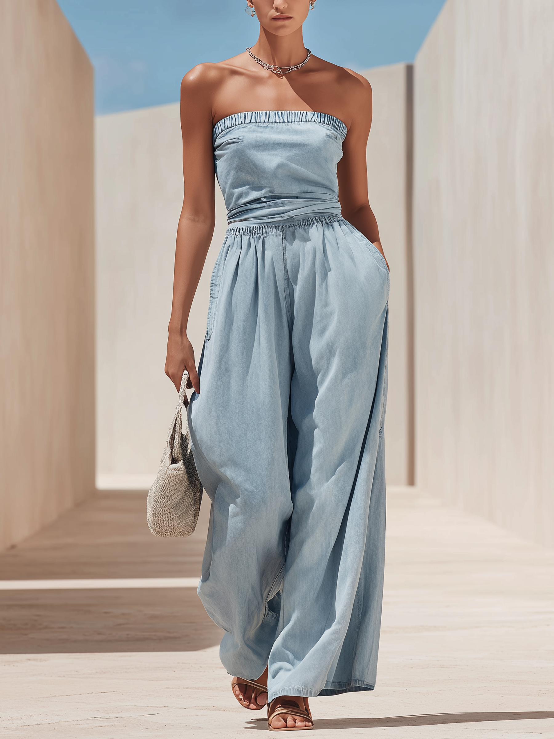 Strapless Wrap Waist Wide-Leg Denim Jumpsuit