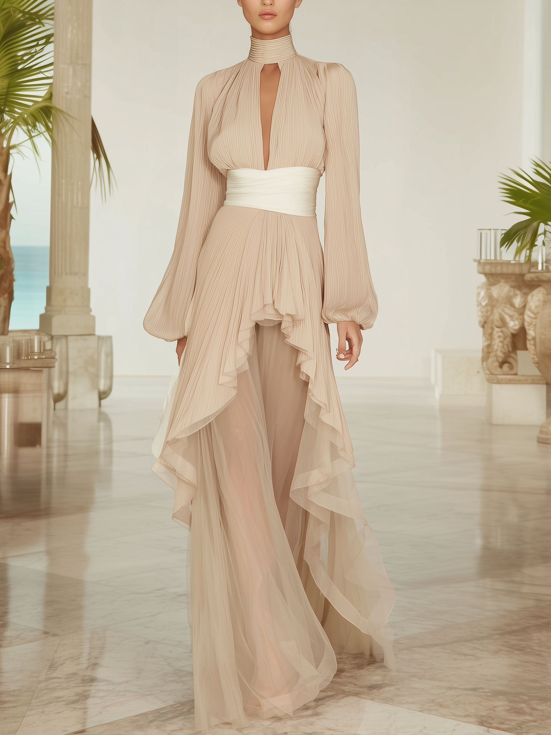 Pleated Chiffon High-Neck Deep V Asymmetrical Hem Maxi Dress With Satin Tie