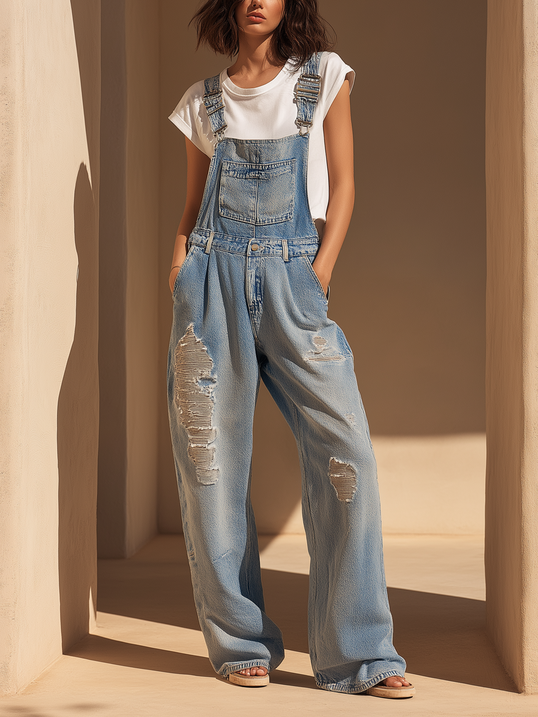 Light Blue Distressed Wide-Leg Denim Overalls
