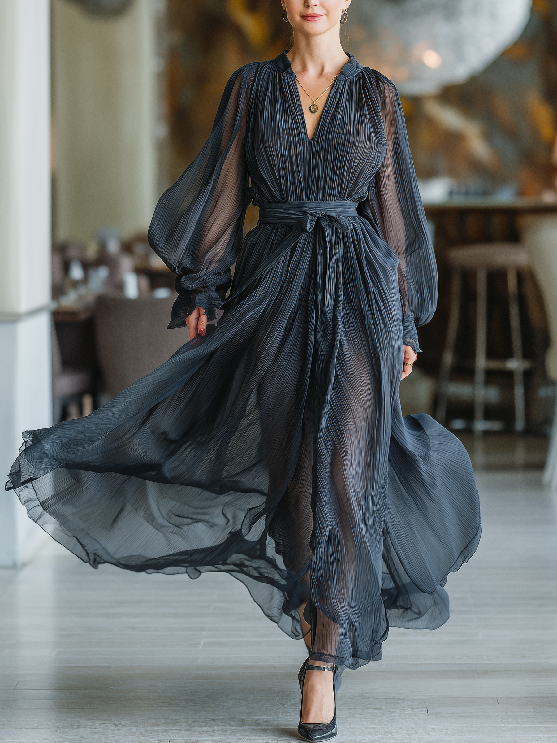 Smoky Gray Pleated Sheer Long Dress – Lantern Sleeves With Tie Belt