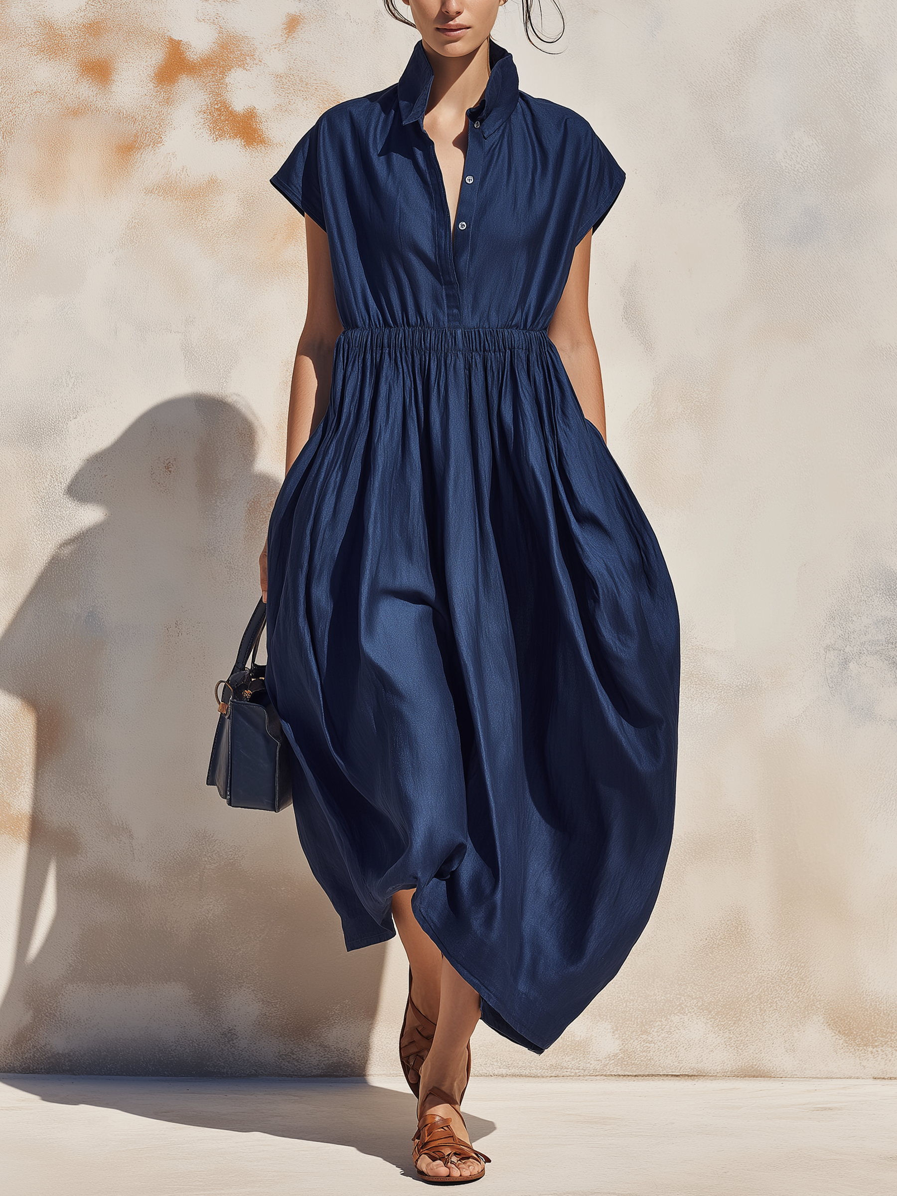 Sleeveless Collared Smocked Waist Denim Midi Dress