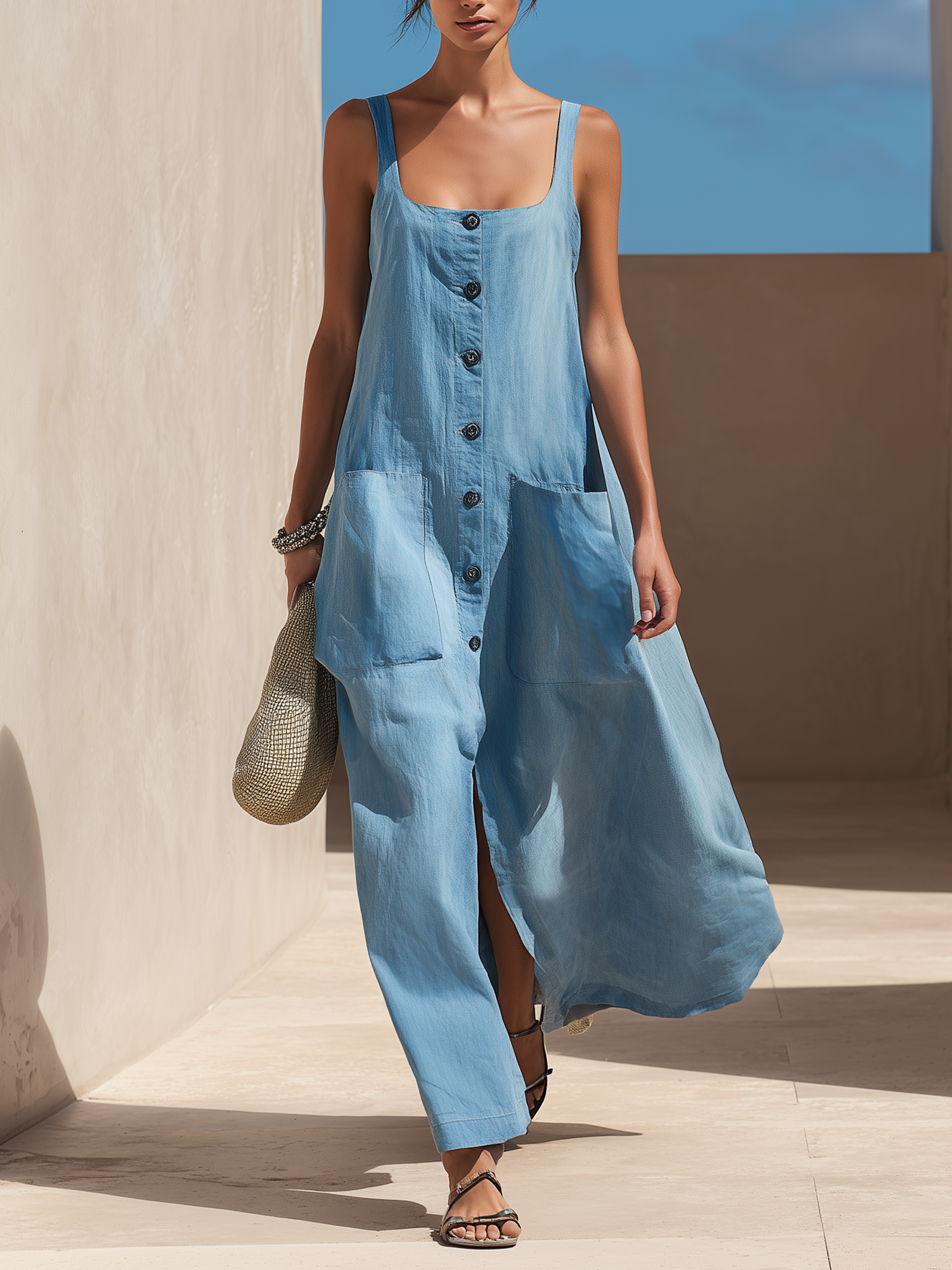 Button-Front Square Neck Denim Maxi Slip Dress