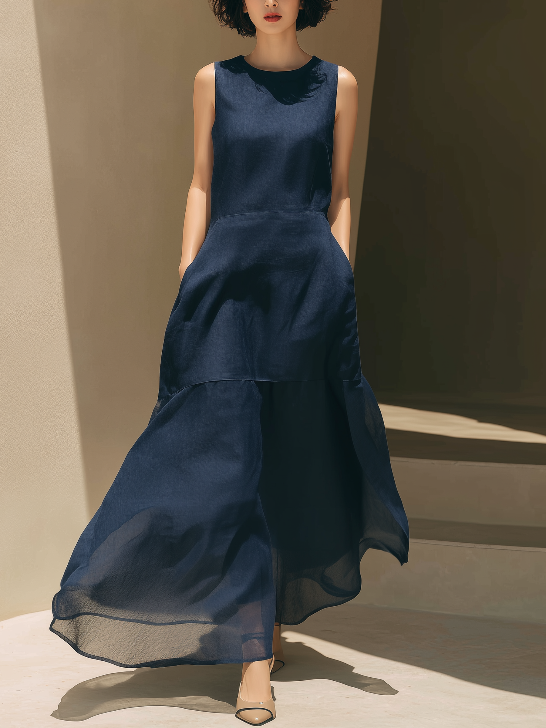 Navy Blue Sleeveless Fitted Denim-Like Bodice & Tiered Chiffon Maxi Dress