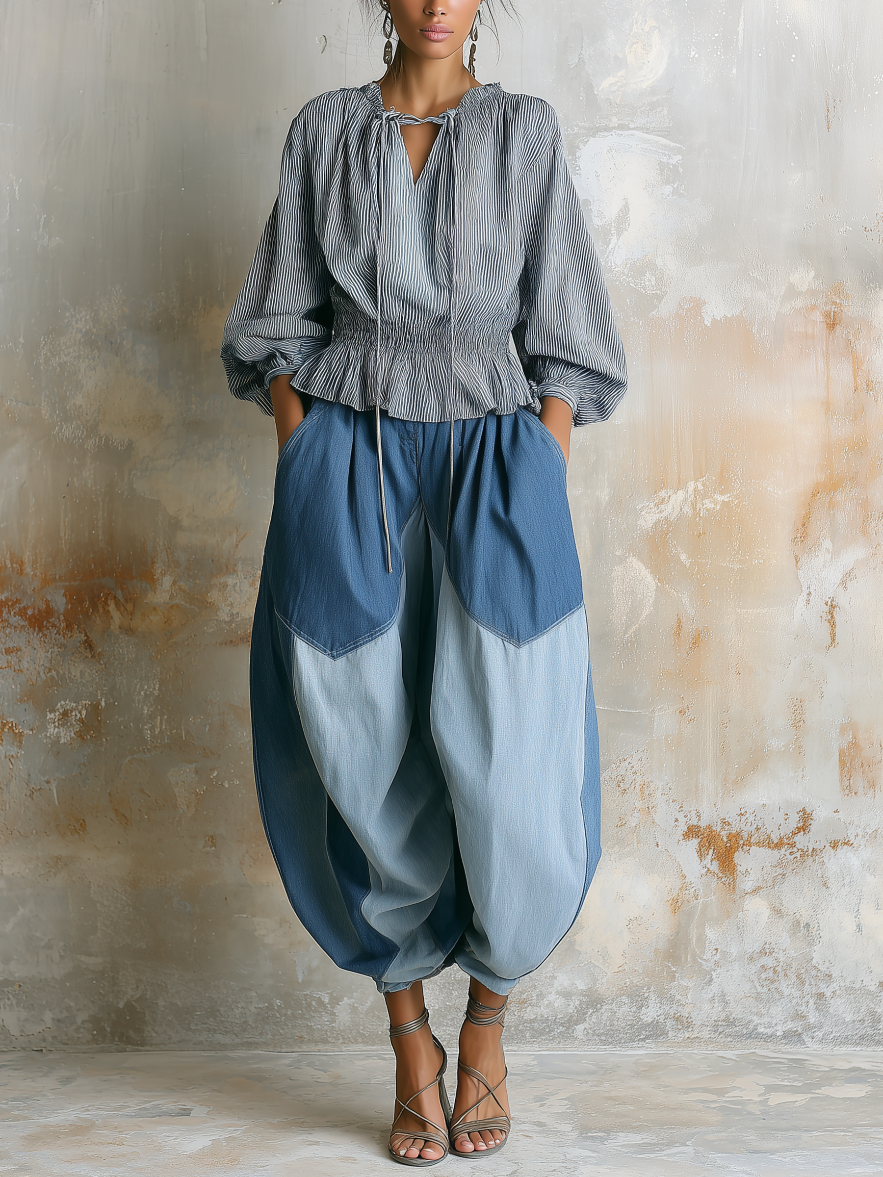 Striped Denim & Color Block Denim 2-Piece Set