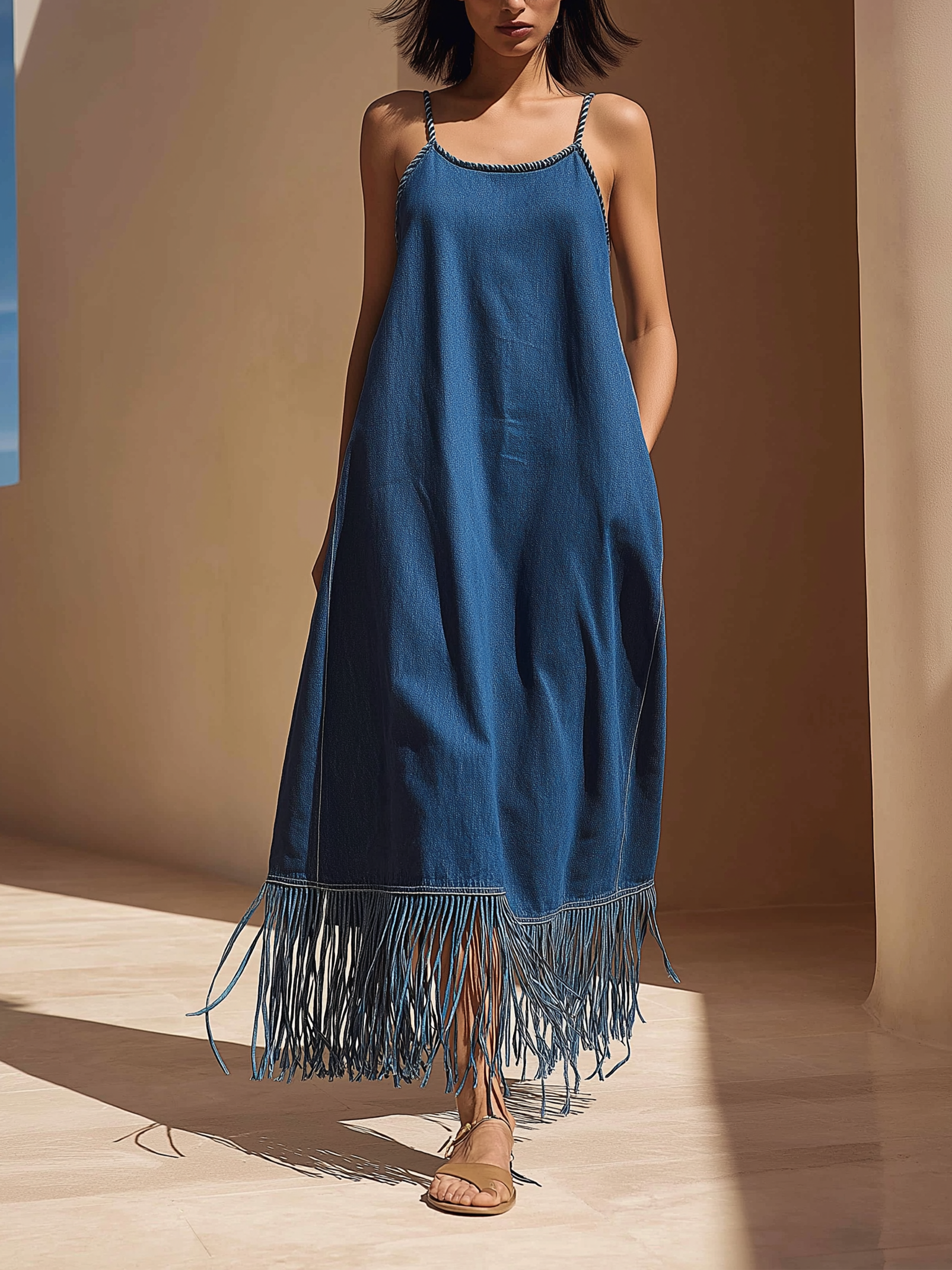 Fringed Cami Denim Maxi Dress