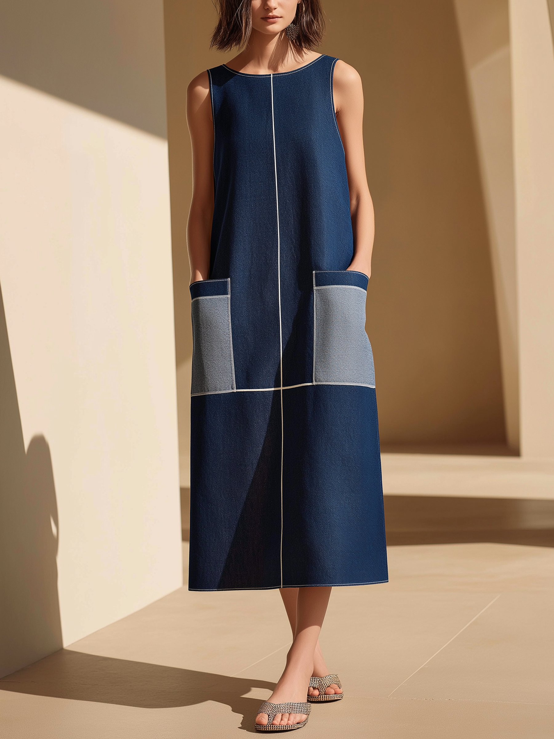 Women's Contrast Stitch Patch Pocket Denim Maxi Dress