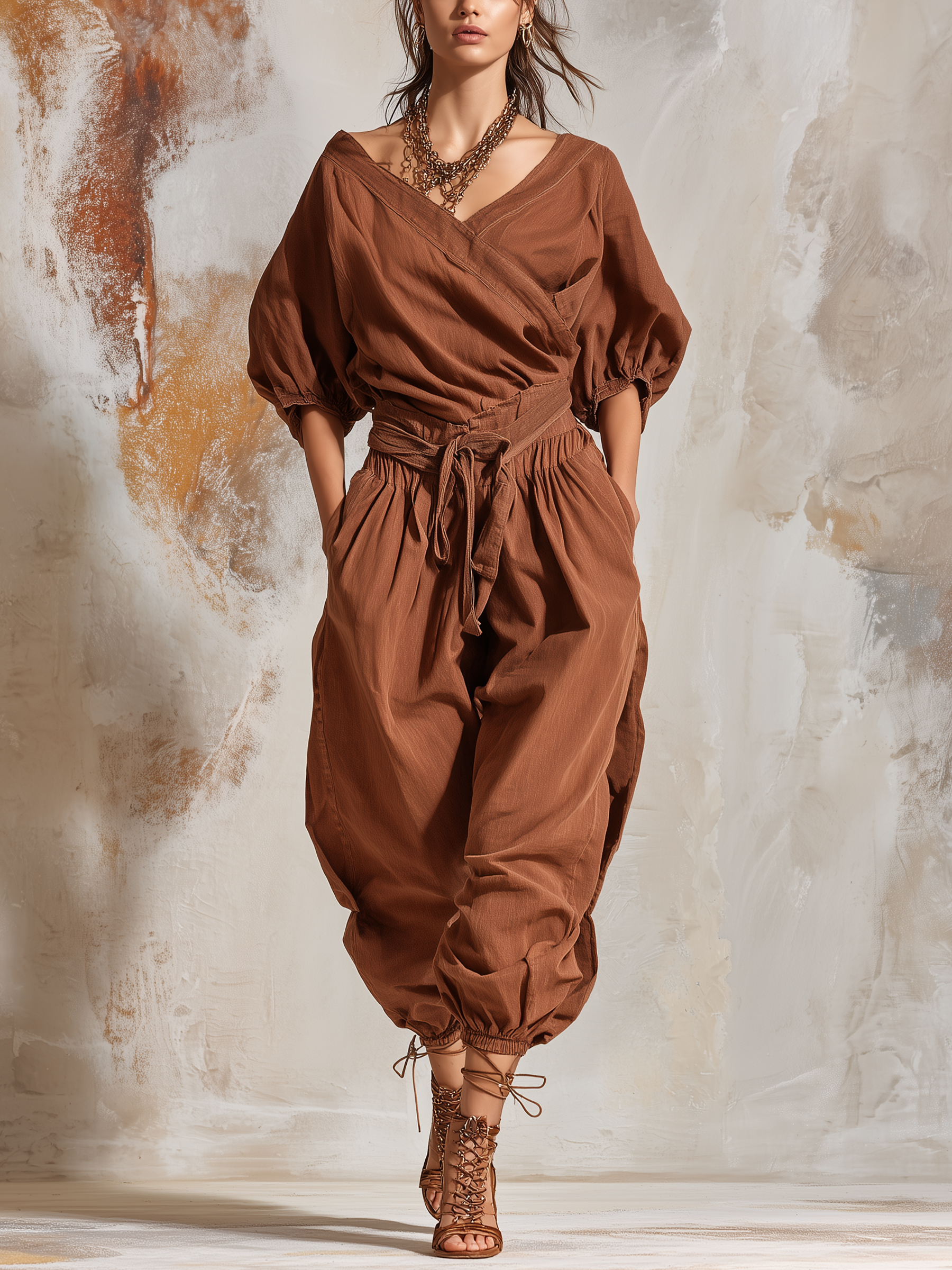 Wrap-Front Puff Sleeve Denim Jumpsuit