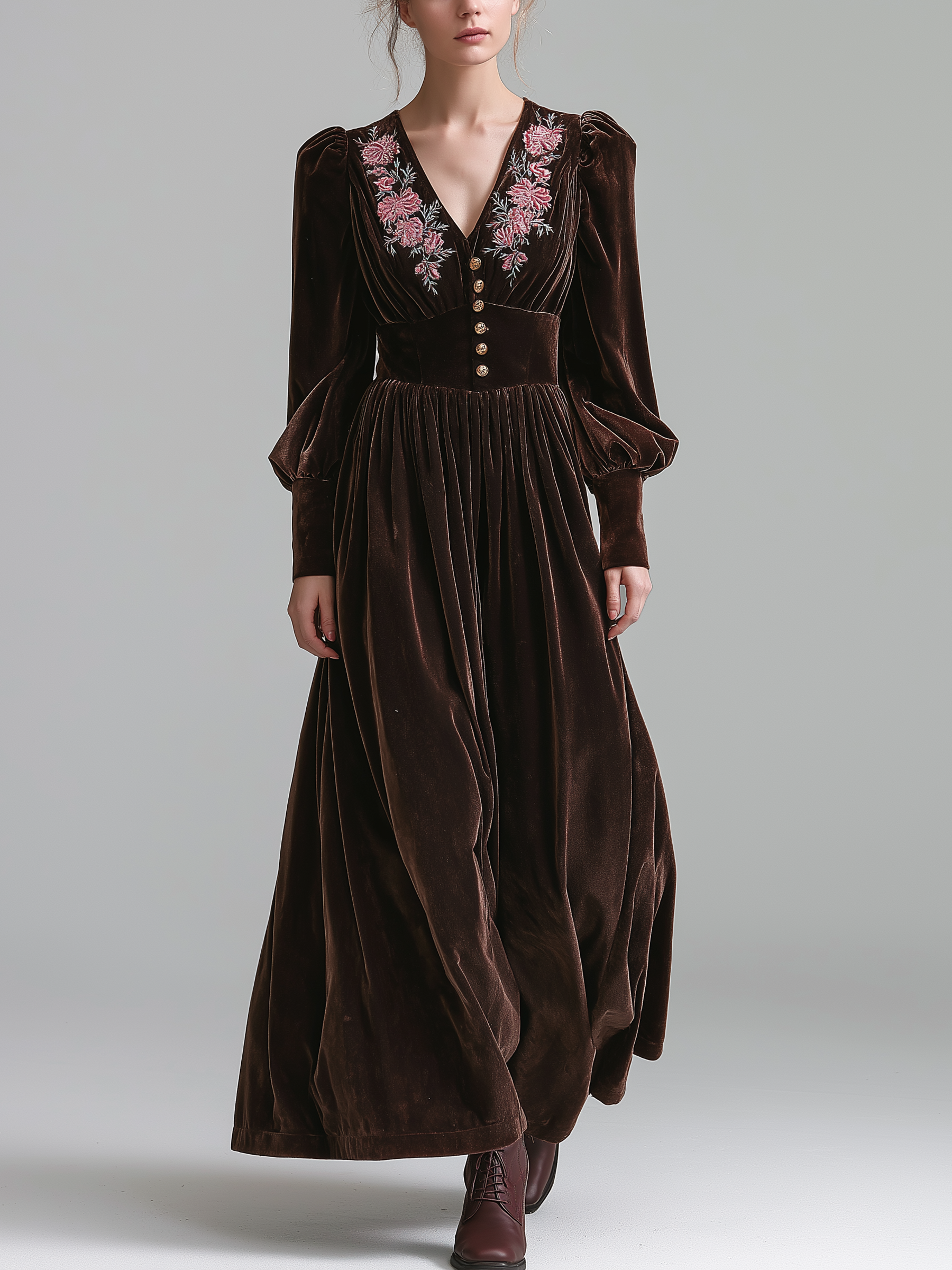 Retro Velvet Floral Embroidered Maxi Dress – Long Sleeves, V-Neck, Button-Down Waist Design