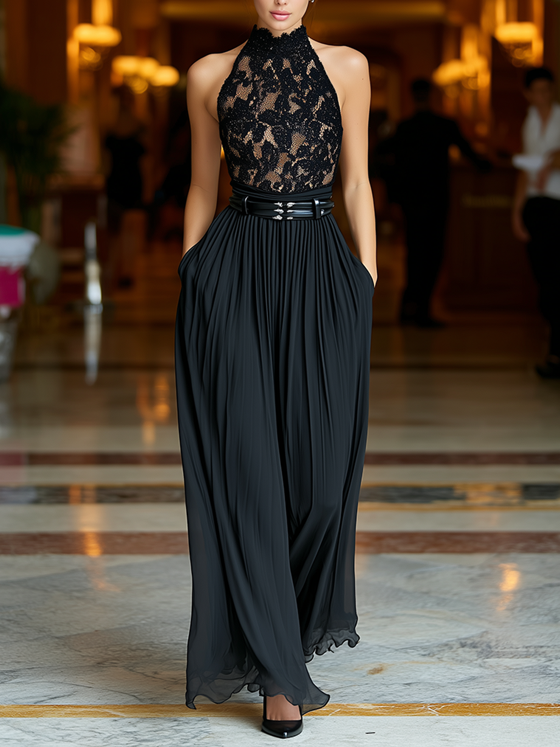 Black Lace Halter Bodice Pleated Wide-Leg Maxi Dress With Belt