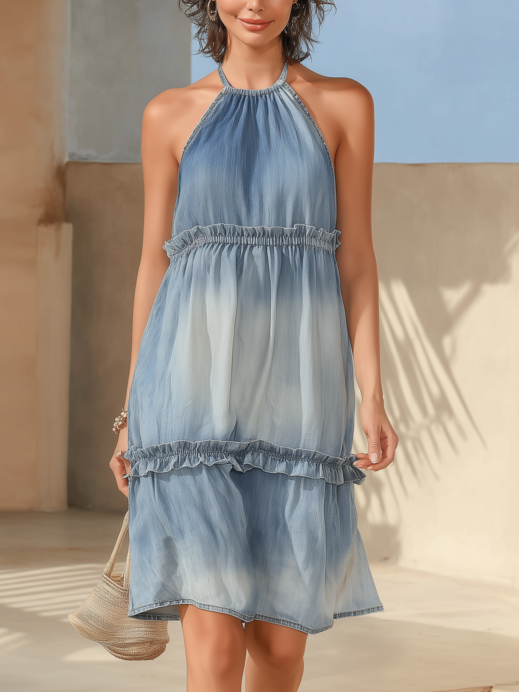 Ombre Blue Denim Halter Neck Ruffled Mini Dress