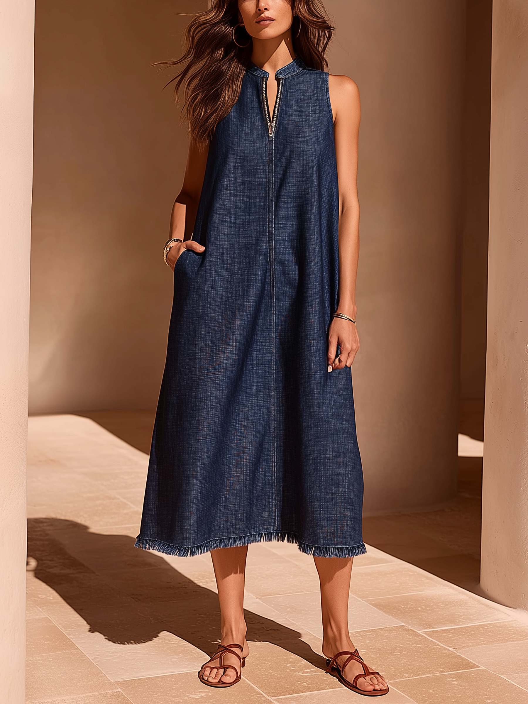 Mid Blue Zip-Front Frayed Hem Denim Midi Dress