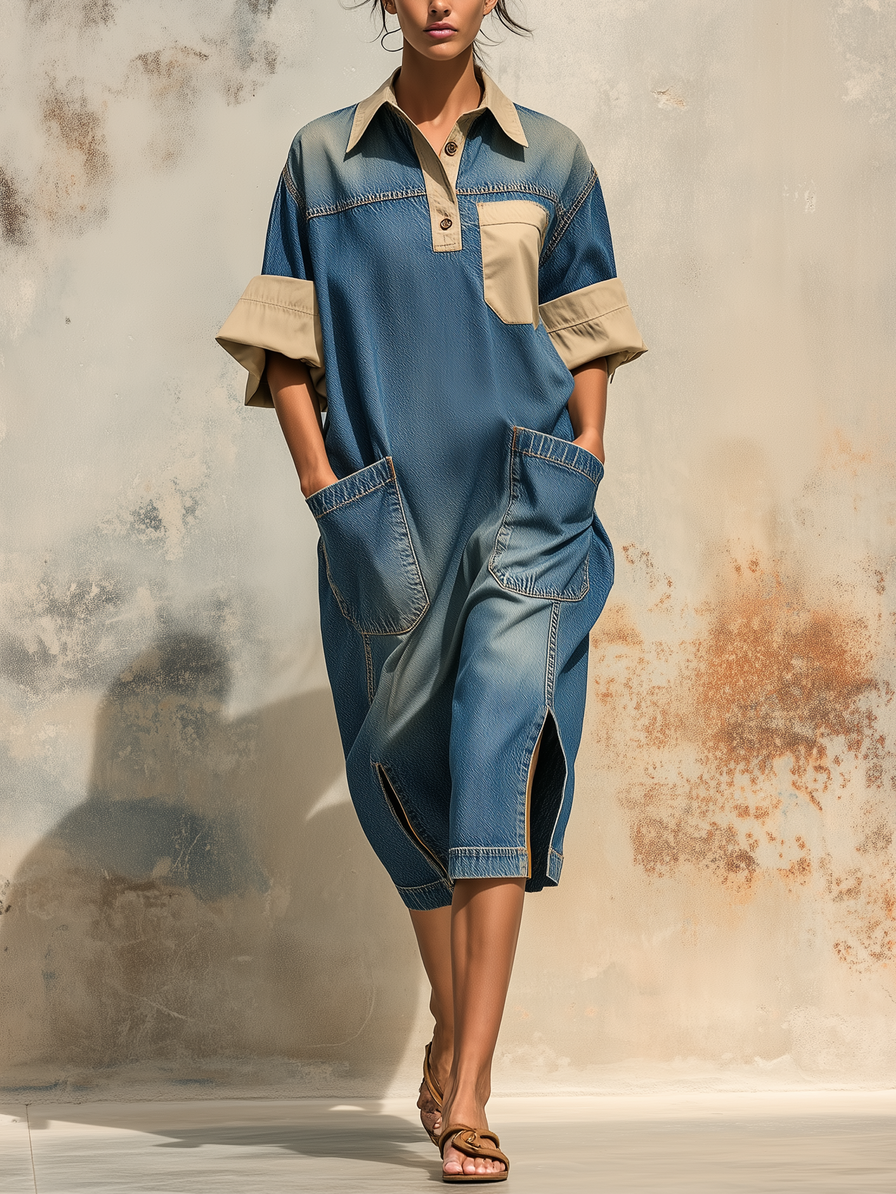 Oversized Washed Denim Shirt Midi Dress With Contrast Details