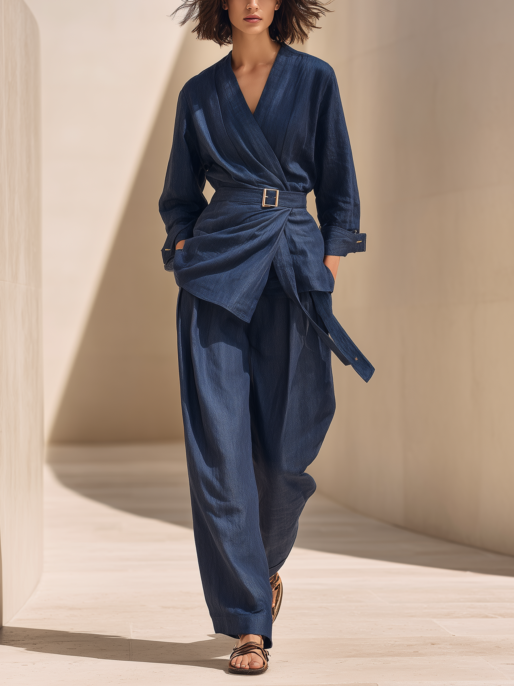 Midnight Blue Wrap-Front Belted Denim Blouse & Wide-Leg Pants Set