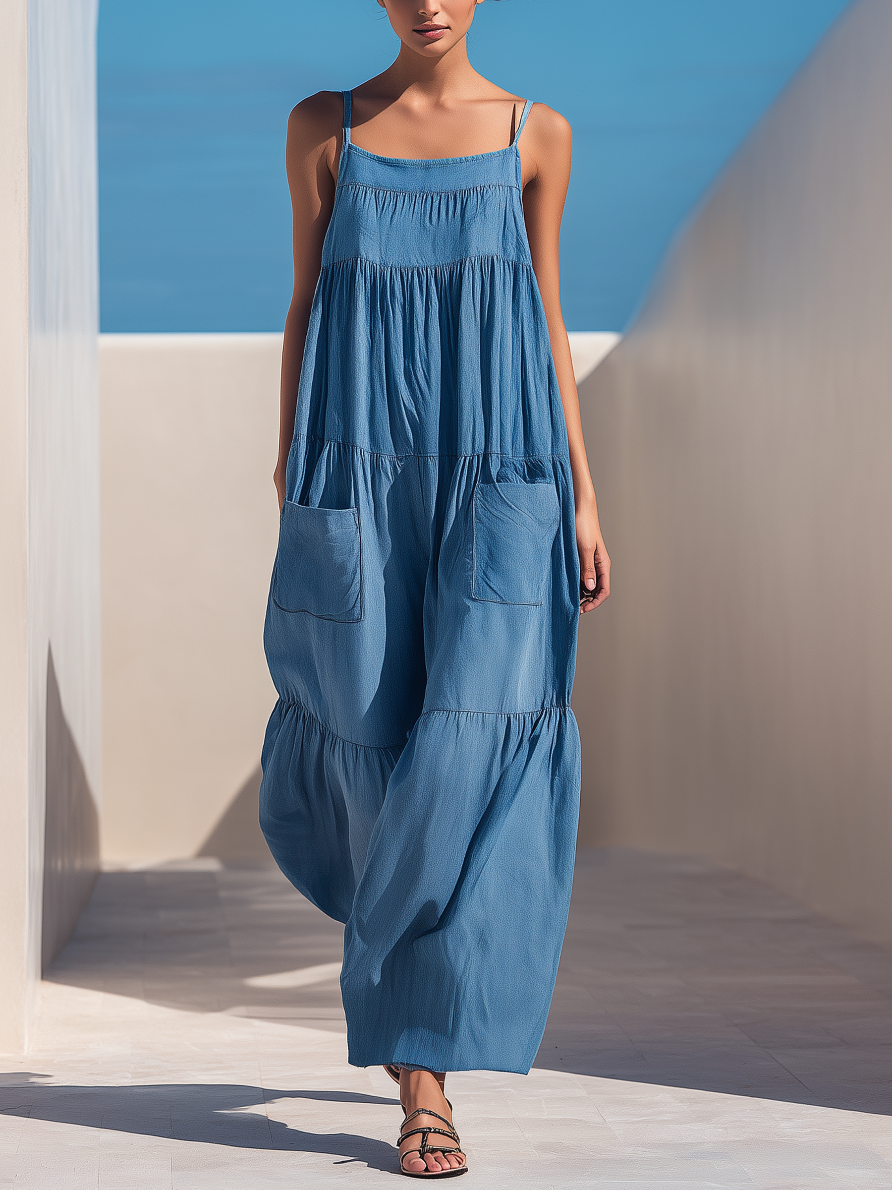 Tiered Patch Pocket Denim Jumpsuit
