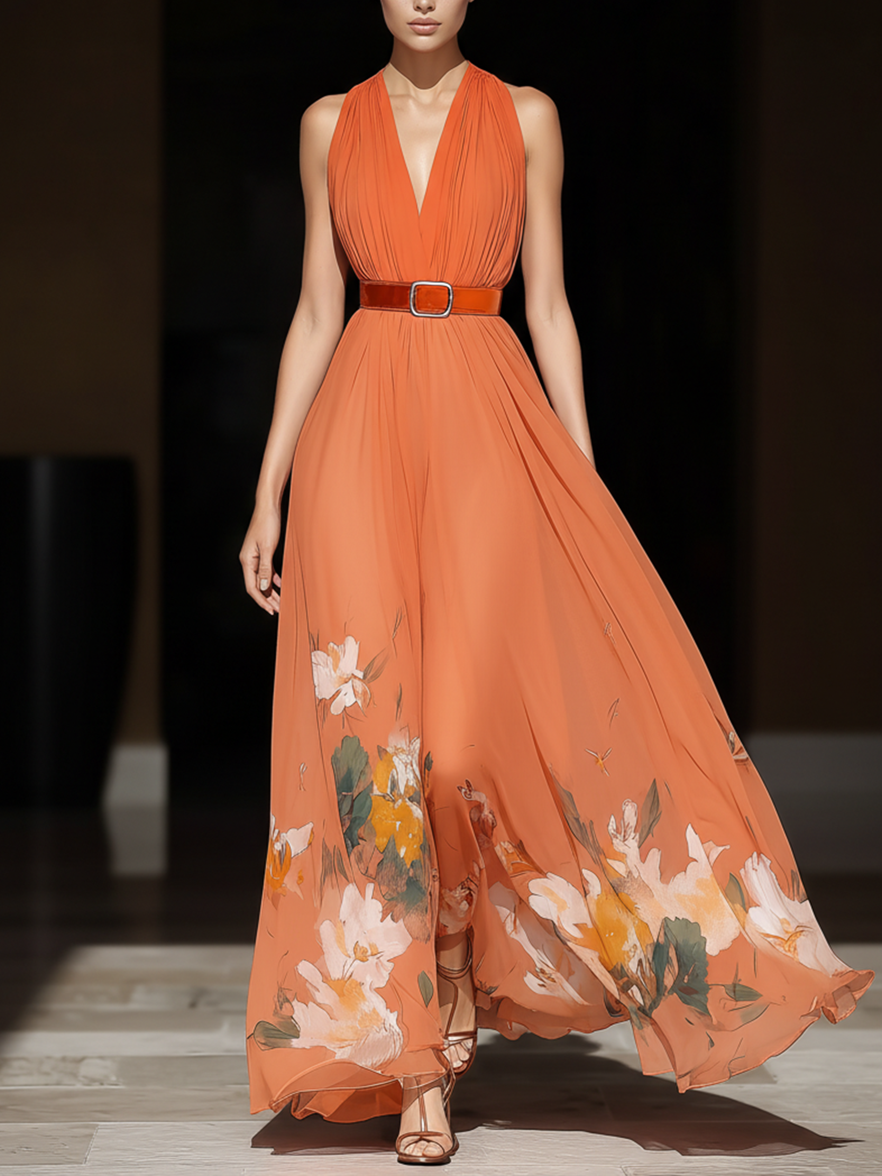 Tangerine Floral Halter Chiffon Maxi Dress With Wide Buckle Belt