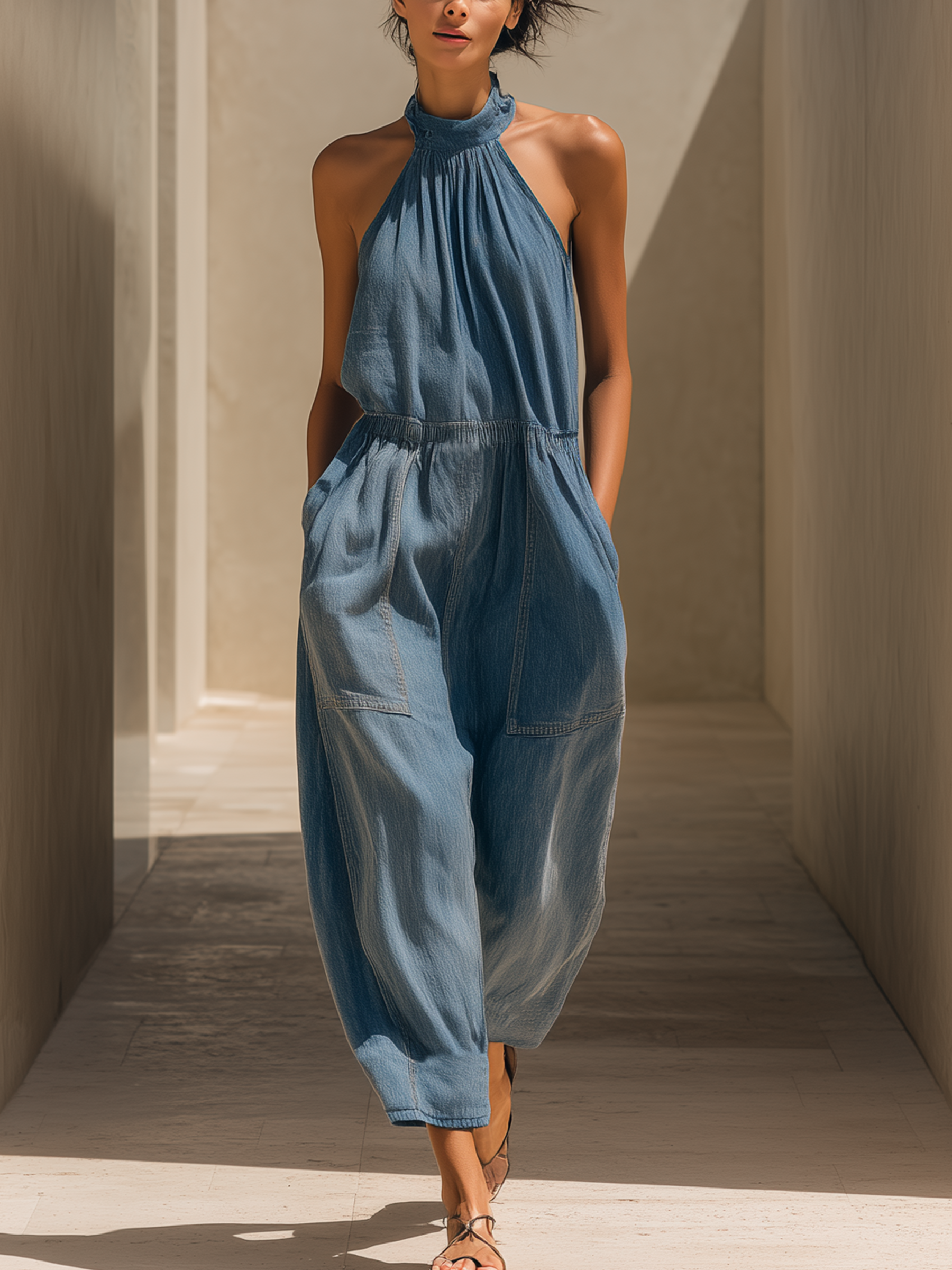 Halter Neck Gathered Denim Jumpsuit