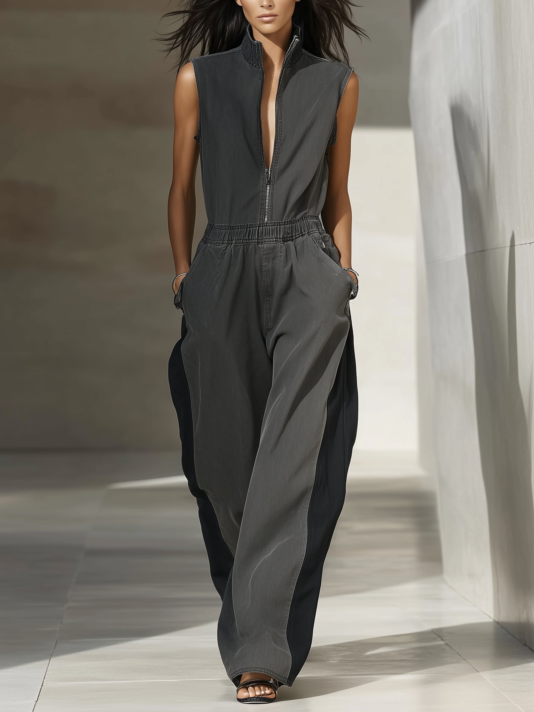Two-Tone Grey & Black Sleeveless Zip-Front Denim Jumpsuit